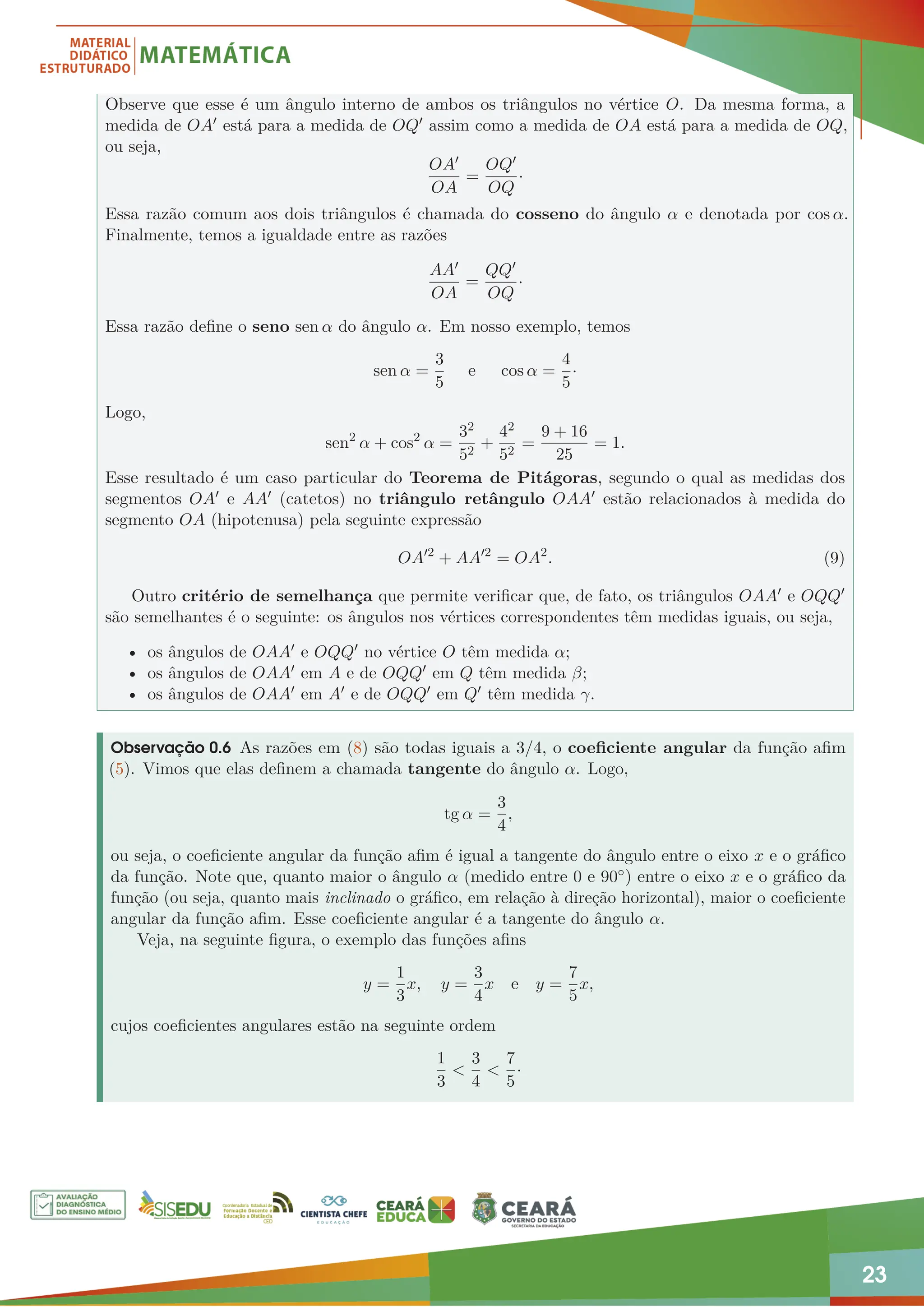 23
Observe que esse é um ângulo interno de ambos os triângulos no vértice O. Da mesma forma, a
medida de OA0 está para a medida de OQ0 assim como a medida de OA está para a medida de OQ,
ou seja,
OA0
OA
=
OQ0
OQ
·
Essa razão comum aos dois triângulos é chamada do cosseno do ângulo α e denotada por cos α.
Finalmente, temos a igualdade entre as razões
AA0
OA
=
QQ0
OQ
·
Essa razão define o seno sen α do ângulo α. Em nosso exemplo, temos
sen α =
3
5
e cos α =
4
5
·
Logo,
sen2
α + cos2
α =
32
52
+
42
52
=
9 + 16
25
= 1.
Esse resultado é um caso particular do Teorema de Pitágoras, segundo o qual as medidas dos
segmentos OA0 e AA0 (catetos) no triângulo retângulo OAA0 estão relacionados à medida do
segmento OA (hipotenusa) pela seguinte expressão
OA02
+ AA02
= OA2
. (9)
Outro critério de semelhança que permite verificar que, de fato, os triângulos OAA0 e OQQ0
são semelhantes é o seguinte: os ângulos nos vértices correspondentes têm medidas iguais, ou seja,
• os ângulos de OAA0 e OQQ0 no vértice O têm medida α;
• os ângulos de OAA0 em A e de OQQ0 em Q têm medida β;
• os ângulos de OAA0 em A0 e de OQQ0 em Q0 têm medida γ.
Observação 0.6 As razões em (8) são todas iguais a 3/4, o coeficiente angular da função afim
(5). Vimos que elas definem a chamada tangente do ângulo α. Logo,
tg α =
3
4
,
ou seja, o coeficiente angular da função afim é igual a tangente do ângulo entre o eixo x e o gráfico
da função. Note que, quanto maior o ângulo α (medido entre 0 e 90◦) entre o eixo x e o gráfico da
função (ou seja, quanto mais inclinado o gráfico, em relação à direção horizontal), maior o coeficiente
angular da função afim. Esse coeficiente angular é a tangente do ângulo α.
Veja, na seguinte figura, o exemplo das funções afins
y =
1
3
x, y =
3
4
x e y =
7
5
x,
cujos coeficientes angulares estão na seguinte ordem
1
3

3
4

7
5
·
 