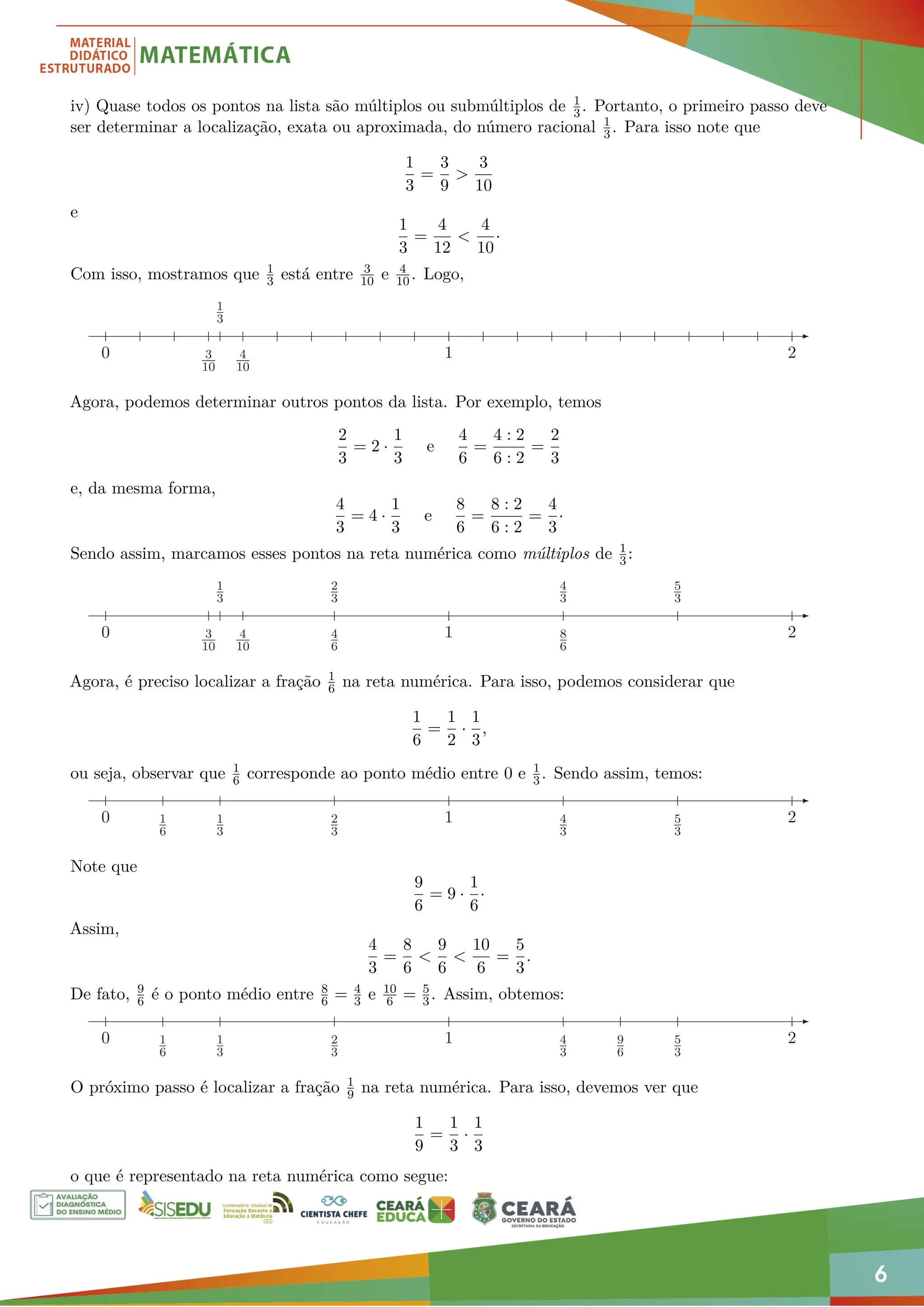 6
iv) Quase todos os pontos na lista são múltiplos ou submúltiplos de 1
3. Portanto, o primeiro passo deve
ser determinar a localização, exata ou aproximada, do número racional 1
3. Para isso note que
1
3
=
3
9
>
3
10
e
1
3
=
4
12
<
4
10
·
Com isso, mostramos que 1
3 está entre 3
10 e 4
10. Logo,
3
10
4
10
1
3
1 2
0
Agora, podemos determinar outros pontos da lista. Por exemplo, temos
2
3
= 2 ·
1
3
e
4
6
=
4 : 2
6 : 2
=
2
3
e, da mesma forma,
4
3
= 4 ·
1
3
e
8
6
=
8 : 2
6 : 2
=
4
3
·
Sendo assim, marcamos esses pontos na reta numérica como múltiplos de 1
3:
3
10
4
10
1
3
2
3
4
6
4
3
8
6
5
3
1 2
0
Agora, é preciso localizar a fração 1
6 na reta numérica. Para isso, podemos considerar que
1
6
=
1
2
·
1
3
,
ou seja, observar que 1
6 corresponde ao ponto médio entre 0 e 1
3. Sendo assim, temos:
1
3
2
3
4
3
5
3
1
6
1 2
0
Note que
9
6
= 9 ·
1
6
·
Assim,
4
3
=
8
6
<
9
6
<
10
6
=
5
3
.
De fato, 9
6 é o ponto médio entre 8
6 = 4
3 e 10
6 = 5
3. Assim, obtemos:
1
3
2
3
4
3
5
3
1
6
9
6
1 2
0
O próximo passo é localizar a fração 1
9 na reta numérica. Para isso, devemos ver que
1
9
=
1
3
·
1
3
o que é representado na reta numérica como segue:
 