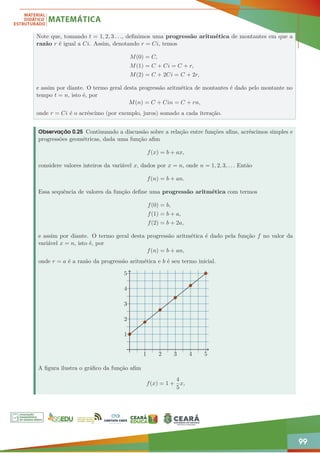 99
Note que, tomando t = 1, 2, 3 . . ., definimos uma progressão aritmética de montantes em que a
razão r é igual a Ci. Assim, denotando r = Ci, temos
M(0) = C,
M(1) = C + Ci = C + r,
M(2) = C + 2Ci = C + 2r,
e assim por diante. O termo geral desta progressão aritmética de montantes é dado pelo montante no
tempo t = n, isto é, por
M(n) = C + Cin = C + rn,
onde r = Ci é o acréscimo (por exemplo, juros) somado a cada iteração.
Observação 0.25 Continuando a discussão sobre a relação entre funções afins, acréscimos simples e
progressões geométricas, dada uma função afim
f(x) = b + ax,
considere valores inteiros da variável x, dados por x = n, onde n = 1, 2, 3, . . . Então
f(n) = b + an.
Essa sequência de valores da função define uma progressão aritmética com termos
f(0) = b,
f(1) = b + a,
f(2) = b + 2a,
e assim por diante. O termo geral desta progressão aritmética é dado pela função f no valor da
variável x = n, isto é, por
f(n) = b + an,
onde r = a é a razão da progressão aritmética e b é seu termo inicial.
1 2 3 4 5
1
2
3
4
5
A figura ilustra o gráfico da função afim
f(x) = 1 +
4
5
x,
 