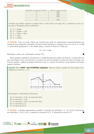 102
Quantidade de brinquedos utilizados Preço a ser pago (em reais)
0 12,00
1 13,50
2 15,00
3 16,50
. . . . . .
10 27,00
A função que melhor expressa a relação entre o valor total a ser pago (P) e o número de vezes (n)
em que os brinquedos foram utilizados é
A) P = 12,00n.
B) P = 12,00n + 1,50.
C) P = 12,00 + 1,50n.
D) P = 1,50n.
E) P = 13,50n.
Solução. Uma vez mais, temos um contexto que pode ser representado matematicamente em
termos de uma progressão aritmética. O termo inicial (iniciando a contagem com 0 em vez de 1) é 12,00
e a razão desta progressão é 1, 50. Sendo assim, o termo de ordem n é dado por
P = 12 + 1,50n.
Deduzimos, assim, que a alternativa correta é C). 
Nesta próxima sequência, estudaremos o comportamento do gráfico de funções: os intervalos em
que uma função cresce (ou decresce), os pontos em que essa função se anula (os zeros da função, que
ocorrem quando o gráfico da função intersecta o eixo x) e pontos de máximo (ou de mínimo) da função,
quando existirem.
Questão 102 — SAEPE - Item M100098H6, adaptado. Observe abaixo o gráfico de uma função real,
definida no intervalo [−5, 7].
Essa função é estritamente decrescente
A) no intervalo [−5, 2] e no intervalo [0,3].
B) no intervalo [−5, 0].
C) no intervalo [−2, 0] e no intervalo [3,5].
D) no intervalo [1, 4].
E) no intervalo [5, 7].
Solução. A função representada no gráfico é crescente nos intervalos [−5, −2] e [0, 3], é decrescente
nos intervalos [−2, 0] e [3, 5] e constante no intervalo [5, 7]. A alternativa correta é C). 
 