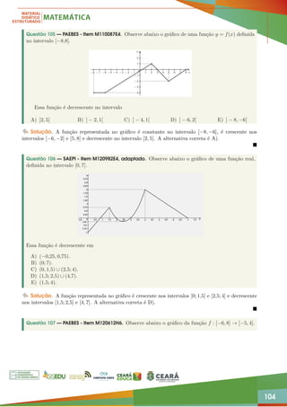 104
Questão 105 — PAEBES - Item M110087E4. Observe abaixo o gráfico de uma função y = f(x) definida
no intervalo [−8,8].
Essa função é decrescente no intervalo
A) ]2, 5[ B) ] − 2, 1[ C) ] − 4, 1[ D) ] − 6, 2[ E) ] − 8, −6[
Solução. A função representada no gráfico é constante no intervalo [−8, −6], é crescente nos
intervalos [−6, −2] e [5, 8] e decrescente no intervalo [2, 5]. A alternativa correta é A).

Questão 106 — SAEPI - Item M120982E4, adaptado. Observe abaixo o gráfico de uma função real,
definida no intervalo [0, 7].
Essa função é decrescente em
A) (−0,25, 0,75).
B) (0; 7).
C) (0, 1,5) ∪ (2,5; 4).
D) (1,5; 2,5) ∪ (4,7).
E) (1,5; 4).
Solução. A função representada no gráfico é crescente nos intervalos [0; 1,5] e [2,5; 4] e decrescente
nos intervalos [1,5; 2,5] e [4, 7]. A alternativa correta é D).

Questão 107 — PAEBES - Item M120612H6. Observe abaixo o gráfico da função f : [−6, 8] → [−5, 4].
 