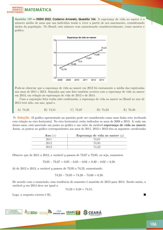 106
Questão 109 — ENEM 2022, Caderno Amarelo, Questão 164. A esperança de vida ao nascer é o
número médio de anos que um indivíduo tende a viver a partir de seu nascimento, considerando
dados da população. No Brasil, esse número vem aumentando consideravelmente, como mostra o
gráfico.
Pode-se observar que a esperança de vida ao nascer em 2012 foi exatamente a média das registradas
nos anos de 2011 e 2013. Suponha que esse fato também ocorreu com a esperança de vida ao nascer
em 2013, em relação às esperanças de vida de 2012 e de 2014.
Caso a suposição feita tenha sido confirmada, a esperança de vida ao nascer no Brasil no ano de
2014 terá sido, em ano, igual a
A) 74,23 B) 74,51 C) 75,07 D) 75,23 E) 78,49
Solução. O gráfico apresentado na questão pode ser considerado como uma linha reta inclinada
com relação ao eixo horizontal. No eixo horizontal, estão indicados os anos de 2008 a 2013. A cada um
desses anos, está associado um ponto no gráfico e um valor da variável esperança de vida ao nascer.
Assim, os pontos no gráfico correspondentes aos anos de 2011, 2012 e 2013 têm as seguintes coordenadas
Ano (x) Esperança de vida ao nascer (y)
2011 73,67
2012 73,95
2013 74,23
Observe que de 2011 a 2012, a variável y passou de 73,67 a 73,95, ou seja, aumentou
73,95 − 73,67 = 0,95 − 0,65 − 0,02 = 0,30 − 0,02 = 0,28.
Já de 2012 a 2013, a variável y passou de 73,95 a 74,23, aumentando
74,23 − 73,95 = 74,28 − 74,00 = 0,28.
De acordo com o enunciado, essa tendência de aumento é mantida de 2013 para 2014. Sendo assim, a
variável y em 2014 deve ser igual a
74,23 + 0,28 = 74,51.
Logo, a resposta correta é B). 
 