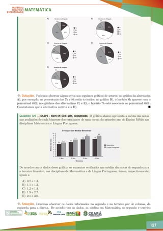 127
Solução. Podemos observar alguns erros nos seguintes gráficos de setores: no gráfico da alternativa
A), por exemplo, os percentuais das 7h e 8h estão trocados; no gráfico B), o horário 8h aparece com o
percentual 46%; nos gráficos das alternativas C) e E), o horário 7h está associada ao percentual 46% .
Constatamos que a alternativa correta é a D). 
Questão 129 — SAEPE - Item M100112H6, adaptado. O gráfico abaixo apresenta a média das notas
nas avaliações de cada bimestre dos estudantes de uma turma do primeiro ano do Ensino Médio nas
disciplinas Matemática e Língua Portuguesa.
De acordo com os dados desse gráfico, os aumentos verificados nas médias das notas do segundo para
o terceiro bimestre, nas disciplinas de Matemática e de Língua Portuguesa, foram, respectivamente,
iguais a
A) 0,7 e 1,3.
B) 1,1 e 1,3.
C) 1,2 e 1,4.
D) 1,9 e 2,7.
E) 2,1 e 3,0.
Solução. Devemos observar os dados informados no segundo e no terceiro par de colunas, da
esquerda para a direita. De acordo com os dados, as médias em Matemática no segundo e terceiro
 