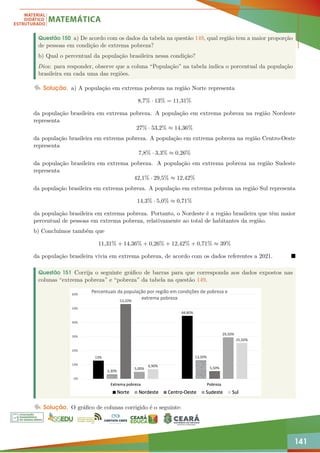 141
Questão 150 a) De acordo com os dados da tabela na questão 149, qual região tem a maior proporção
de pessoas em condição de extrema pobreza?
b) Qual o percentual da população brasileira nessa condição?
Dica: para responder, observe que a coluna “População” na tabela indica o porcentual da população
brasileira em cada uma das regiões.
Solução. a) A população em extrema pobreza na região Norte representa
8,7% · 13% = 11,31%
da população brasileira em extrema pobreza. A população em extrema pobreza na região Nordeste
representa
27% · 53,2% ≈ 14,36%
da população brasileira em extrema pobreza. A população em extrema pobreza na região Centro-Oeste
representa
7,8% · 3,3% ≈ 0,26%
da população brasileira em extrema pobreza. A população em extrema pobreza na região Sudeste
representa
42,1% · 29,5% ≈ 12,42%
da população brasileira em extrema pobreza. A população em extrema pobreza na região Sul representa
14,3% · 5,0% ≈ 0,71%
da população brasileira em extrema pobreza. Portanto, o Nordeste é a região brasileira que têm maior
percentual de pessoas em extrema pobreza, relativamente ao total de habitantes da região.
b) Concluímos também que
11,31% + 14,36% + 0,26% + 12,42% + 0,71% ≈ 39%
da população brasileira vivia em extrema pobreza, de acordo com os dados referentes a 2021. 
Questão 151 Corrija o seguinte gráfico de barras para que corresponda aos dados expostos nas
colunas “extrema pobreza” e “pobreza” da tabela na questão 149.
Solução. O gráfico de colunas corrigido é o seguinte:
 