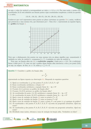 18
ou seja, o valor da variável y correspondente ao valor x = 8 é y = 6. Por essa razão, o ponto com
coordenadas (8, 6) está alinhado aos demais pontos cujas coordenadas completam a tabela na questão
9, a saber,
(12, 9), (16, 12), (20, 15), (24, 18), (28, 21), (32, 24).
Lembre-se que você representou esses pontos no plano cartesiano na questão 10 e, assim, verificou
que pertencem a uma mesma reta, que denotamos por r. Essa reta r, representada na seguinte figura,
é o gráfico da função 4.
0 4 8 12 16 20 24 28 32
6
12
18
24
P
Q
A
B
C
D
E
F
x
y
Note que o alinhamento dos pontos em uma mesma reta no plano significa que, aumentando 4
unidades no valor da variável x, avançamos 3 = 3
4 · 4 unidades no valor da variável y.
Note que, na função afim em (4), o coeficiente angular é dado por a = 3/4. Já o coeficiente
linear é dado por b = 0, uma vez que o gráfico dessa função afim intersecta o eixo y no ponto (0,0),
ou seja, na origem: de fato, se x = 0, então y = 3
4 · 0 = 0.
Questão 11 Considere o gráfico da função afim
y =
3
4
x (5)
representado na figura exposta na observação 0.4. Responda às seguintes questões:
1) Quais as coordenadas (x, y) dos pontos P, A, B, C, D, E, F e Q?
2) Essas coordenadas satisfazem a relação (5)?
3) Essas coordenadas satisfazem a equação linear 3x − 4y = 0?
4) O ponto (6, 4) pertence ao gráfico da função afim?
5) O ponto (14, 9/2) pertence ao gráfico da função afim?
6) As coordenadas do ponto (14, 10) satisfazem a equação linear 3x − 4y = 0?
7) As coordenadas do ponto (6, 9/2) satisfazem a equação linear 3x − 4y = 0?
8) Qual a taxa de variação da função (5) entre os pontos P e A?
9) Qual a taxa de variação da função (5) entre os pontos P e Q?
10) Qual a taxa da variação da função (5) entre o ponto P e um ponto (x, y) qualquer do gráfico?
11) As coordenadas x dos pontos P, A, B, C, D, E, F e Q estão em progressão aritmética. Qual sua
razão?
12) As coordenadas y dos pontos P, A, B, C, D, E, F e Q estão em progressão aritmética. Qual sua
razão?
13) Dividindo essas razões, obtemos a taxa de variação da função afim. Verdadeiro ou falso?
 