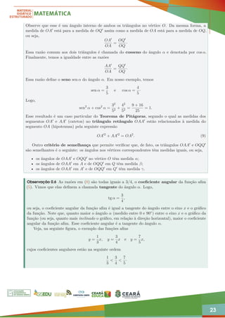 23
Observe que esse é um ângulo interno de ambos os triângulos no vértice O. Da mesma forma, a
medida de OA0 está para a medida de OQ0 assim como a medida de OA está para a medida de OQ,
ou seja,
OA0
OA
=
OQ0
OQ
·
Essa razão comum aos dois triângulos é chamada do cosseno do ângulo α e denotada por cos α.
Finalmente, temos a igualdade entre as razões
AA0
OA
=
QQ0
OQ
·
Essa razão define o seno sen α do ângulo α. Em nosso exemplo, temos
sen α =
3
5
e cos α =
4
5
·
Logo,
sen2
α + cos2
α =
32
52
+
42
52
=
9 + 16
25
= 1.
Esse resultado é um caso particular do Teorema de Pitágoras, segundo o qual as medidas dos
segmentos OA0 e AA0 (catetos) no triângulo retângulo OAA0 estão relacionados à medida do
segmento OA (hipotenusa) pela seguinte expressão
OA02
+ AA02
= OA2
. (9)
Outro critério de semelhança que permite verificar que, de fato, os triângulos OAA0 e OQQ0
são semelhantes é o seguinte: os ângulos nos vértices correspondentes têm medidas iguais, ou seja,
• os ângulos de OAA0 e OQQ0 no vértice O têm medida α;
• os ângulos de OAA0 em A e de OQQ0 em Q têm medida β;
• os ângulos de OAA0 em A0 e de OQQ0 em Q0 têm medida γ.
Observação 0.6 As razões em (8) são todas iguais a 3/4, o coeficiente angular da função afim
(5). Vimos que elas definem a chamada tangente do ângulo α. Logo,
tg α =
3
4
,
ou seja, o coeficiente angular da função afim é igual a tangente do ângulo entre o eixo x e o gráfico
da função. Note que, quanto maior o ângulo α (medido entre 0 e 90◦) entre o eixo x e o gráfico da
função (ou seja, quanto mais inclinado o gráfico, em relação à direção horizontal), maior o coeficiente
angular da função afim. Esse coeficiente angular é a tangente do ângulo α.
Veja, na seguinte figura, o exemplo das funções afins
y =
1
3
x, y =
3
4
x e y =
7
5
x,
cujos coeficientes angulares estão na seguinte ordem
1
3

3
4

7
5
·
 