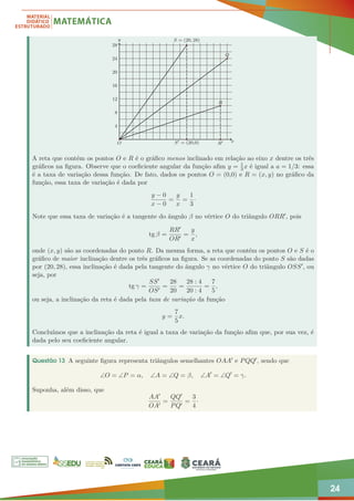 24
4
8
12
16
20
24
28
O
Q
R
R0
S = (20, 28)
S0 = (20,0) x
y
A reta que contém os pontos O e R é o gráfico menos inclinado em relação ao eixo x dentre os três
gráficos na figura. Observe que o coeficiente angular da função afim y = 1
3x é igual a a = 1/3: essa
é a taxa de variação dessa função. De fato, dados os pontos O = (0,0) e R = (x, y) no gráfico da
função, essa taxa de variação é dada por
y − 0
x − 0
=
y
x
=
1
3
·
Note que essa taxa de variação é a tangente do ângulo β no vértice O do triângulo ORR0, pois
tg β =
RR0
OR0
=
y
x
,
onde (x, y) são as coordenadas do ponto R. Da mesma forma, a reta que contém os pontos O e S é o
gráfico de maior inclinação dentre os três gráficos na figura. Se as coordenadas do ponto S são dadas
por (20, 28), essa inclinação é dada pela tangente do ângulo γ no vértice O do triângulo OSS0, ou
seja, por
tg γ =
SS0
OS0
=
28
20
=
28 : 4
20 : 4
=
7
5
,
ou seja, a inclinação da reta é dada pela taxa de variação da função
y =
7
5
x.
Concluímos que a inclinação da reta é igual a taxa de variação da função afim que, por sua vez, é
dada pelo seu coeficiente angular.
Questão 13 A seguinte figura representa triângulos semelhantes OAA0 e PQQ0, sendo que
∠O = ∠P = α, ∠A = ∠Q = β, ∠A0
= ∠Q0
= γ.
Suponha, além disso, que
AA0
OA0
=
QQ0
PQ0
=
3
4
·
 