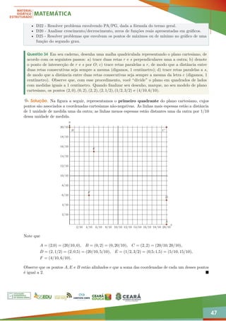 47
• D22 - Resolver problema envolvendo PA/PG, dada a fórmula do termo geral.
• D20 - Analisar crescimento/decrescimento, zeros de funções reais apresentadas em gráficos.
• D25 - Resolver problemas que envolvam os pontos de máximos ou de mínimo no gráfico de uma
função do segundo grau.
Questão 34 Em seu caderno, desenha uma malha quadriculada representando o plano cartesiano, de
acordo com os seguintes passos: a) trace duas retas r e s perpendiculares uma a outra; b) denote
o ponto de intersecção de r e s por O; c) trace retas paralelas a r, de modo que a distância entre
duas retas consecutivas seja sempre a mesma (digamos, 1 centímetro); d) trace retas paralelas a s,
de modo que a distância entre duas retas consecutivas seja sempre a mesma da letra c (digamos, 1
centímetro). Observe que, com esse procedimento, você “divide” o plano em quadrados de lados
com medidas iguais a 1 centímetro. Quando finalizar seu desenho, marque, no seu modelo de plano
cartesiano, os pontos (2, 0), (0, 2), (2, 2), (2, 1/2), (1/2, 3/2) e (4/10, 6/10).
Solução. Na figura a seguir, representamos o primeiro quadrante do plano cartesiano, cujos
pontos são associados a coordenadas cartesianas não-negativas. As linhas mais espessas estão a distância
de 1 unidade de medida uma da outra; as linhas menos espessas estão distantes uma da outra por 1/10
dessa unidade de medida.
2/10 4/10 6/10 8/10 10/10 12/10 14/10 16/10 18/10 20/10
2/10
4/10
6/10
8/10
10/10
12/10
14/10
16/10
18/10
20/10
A
B C
D
E
F
x
y
Note que
A = (2,0) = (20/10, 0), B = (0, 2) = (0, 20/10), C = (2, 2) = (20/10, 20/10),
D = (2, 1/2) = (2; 0,5) = (20/10, 5/10), E = (1/2, 3/2) = (0,5; 1,5) = (5/10, 15/10),
F = (4/10, 6/10).
Observe que os pontos A, E e B estão alinhados e que a soma das coordenadas de cada um desses pontos
é igual a 2. 
 