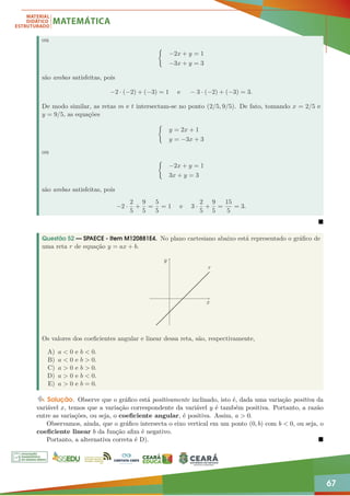 67
ou
(
−2x + y = 1
−3x + y = 3
são ambas satisfeitas, pois
−2 · (−2) + (−3) = 1 e − 3 · (−2) + (−3) = 3.
De modo similar, as retas m e t intersectam-se no ponto (2/5, 9/5). De fato, tomando x = 2/5 e
y = 9/5, as equações
(
y = 2x + 1
y = −3x + 3
ou
(
−2x + y = 1
3x + y = 3
são ambas satisfeitas, pois
−2 ·
2
5
+
9
5
=
5
5
= 1 e 3 ·
2
5
+
9
5
=
15
5
= 3.

Questão 52 — SPAECE - Item M120881E4. No plano cartesiano abaixo está representado o gráfico de
uma reta r de equação y = ax + b.
r
x
y
Os valores dos coeficientes angular e linear dessa reta, são, respectivamente,
A) a  0 e b  0.
B) a  0 e b  0.
C) a  0 e b  0.
D) a  0 e b  0.
E) a  0 e b = 0.
Solução. Observe que o gráfico está positivamente inclinado, isto é, dada uma variação positiva da
variável x, temos que a variação correspondente da variável y é também positiva. Portanto, a razão
entre as variações, ou seja, o coeficiente angular, é positiva. Assim, a  0.
Observamos, ainda, que o gráfico intersecta o eixo vertical em um ponto (0, b) com b  0, ou seja, o
coeficiente linear b da função afim é negativo.
Portanto, a alternativa correta é D). 
 