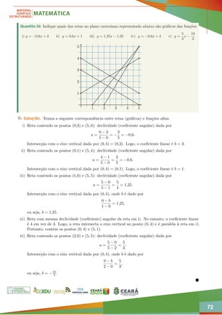 72
Questão 56 Indique quais das retas no plano cartesiano representado abaixo são gráficos das funções
i) y = −0,6x + 3 ii) y = 0,6x + 1 iii) y = 1,25x − 1,25 iv) y = −0,6x + 4 v) y =
5
3
x −
10
3
1 2 3 4 5
1
2
3
4
5
Solução. Temos a seguinte correspondência entre retas (gráficos) e funções afins:
i) Reta contendo os pontos (0,3) e (5, 0): declividade (coeficiente angular) dada por
a =
0 − 3
5 − 0
= −
3
5
= −0,6.
Intersecção com o eixo vertical dada por (0, b) = (0,3). Logo, o coeficiente linear é b = 3.
ii) Reta contendo os pontos (0,1) e (5, 4): declividade (coeficiente angular) dada por
a =
4 − 1
5 − 0
=
3
5
= −0,6.
Intersecção com o eixo vertical dada por (0, b) = (0,1). Logo, o coeficiente linear é b = 1.
iii) Reta contendo os pontos (1,0) e (5, 5): declividade (coeficiente angular) dada por
a =
5 − 0
5 − 1
=
5
4
= 1,25.
Intersecção com o eixo vertical dada por (0, b), onde b é dado por
0 − b
1 − 0
= 1,25,
ou seja, b = 1,25.
iii) Reta com mesma declividade (coeficiente) angular da reta em i). No entanto, o coeficiente linear
é 4 em vez de 3. Logo, a reta intersecta o eixo vertical no ponto (0, 4) e é paralela à reta em i).
Portanto, contém os pontos (0, 4) e (5, 1).
iii) Reta contendo os pontos (2,0) e (5, 5): declividade (coeficiente angular) dada por
a =
5 − 0
5 − 2
=
5
3
·
Intersecção com o eixo vertical dada por (0, b), onde b é dado por
0 − b
2 − 0
=
5
3
,
ou seja, b = −10
3 .

 