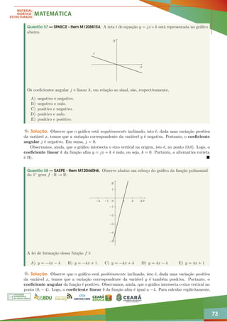 73
Questão 57 — SPAECE - Item M120881E4. A reta t de equação y = jx+k está representada no gráfico
abaixo.
t
x
y
Os coeficientes angular j e linear k, em relação ao sinal, são, respectivamente,
A) negativo e negativo.
B) negativo e nulo.
C) positivo e negativo.
D) positivo e nulo.
E) positivo e positivo.
Solução. Observe que o gráfico está negativamente inclinado, isto é, dada uma variação positiva
da variável x, temos que a variação correspondente da variável y é negativa. Portanto, o coeficiente
angular j é negativo. Em suma, j  0.
Observamos, ainda, que o gráfico intersecta o eixo vertical na origem, isto é, no ponto (0,0). Logo, o
coeficiente linear k da função afim y = jx + k é nulo, ou seja, k = 0. Portanto, a alternativa correta
é B). 
Questão 58 — SAEPE - Item M120460H6. Observe abaixo um esboço do gráfico da função polinomial
do 1◦ grau f : R → R:
−2 −1 1 2 3
−5
−4
−3
−2
−1
1
y
x
0
A lei de formação dessa função f é
A) y = −4x − 4 B) y = −4x + 1 C) y = −4x + 4 D) y = 4x − 4 E) y = 4x + 1
Solução. Observe que o gráfico está positivamente inclinado, isto é, dada uma variação positiva
da variável x, temos que a variação correspondente da variável y é também positiva. Portanto, o
coeficiente angular da função é positivo. Observamos, ainda, que o gráfico intersecta o eixo vertical no
ponto (0, − 4). Logo, o coeficiente linear b da função afim é igual a −4. Para calcular explicitamente,
 