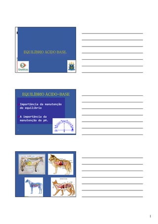 1
EQUILÍBRIO ÁCIDO BASE.
EQUILÍBRIO ÁCIDO-BASE
Importância da manutenção
do equilíbrio
A importância da
manutenção do pH.
.
 