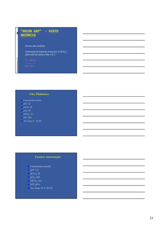 33
“ANION GAP” - HIATO
ANIÔNICO
Anions não medidos
Subtração do total de anions (Cl- e HCO3-)
pelo total de cátions (Na+ e K+)
Cl- + HCO3-
--------------
Na+ + K+)
Cão: Diabético
Gasometria arterial
pH: 7,2
pCO2: 20
pO2: 80
HCO3: 9,2
HT: 38%
An. Gap: 47 (8-25)
Canino: intermação
Gasometria arterial
pH: 7,2
pCO2: 21
pO2: 140
HCO3: 9,5
HT: 60%
An. Gap: 31.4 (8-25)
 