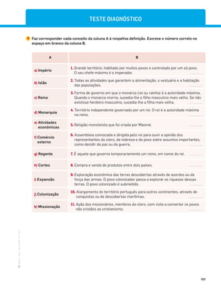·
CAP
·
Novo
HGP
·
6.º
ano
101
TESTE DIAGNÓSTICO
7 Faz corresponder cada conceito da coluna A à respetiva definição. Escreve o número correto no
espaço em branco da coluna B.
A B
a) Império
1. Grande território, habitado por muitos povos e controlado por um só povo.
O seu chefe máximo é o imperador.
b) Islão
2. Todas as atividades que garantem a alimentação, o vestuário e a habitação
das populações.
c) Reino
3. Forma de governo em que o monarca (rei ou rainha) é a autoridade máxima.
Quando o monarca morria, sucedia-lhe o filho masculino mais velho. Se não
existisse herdeiro masculino, sucedia-lhe a filha mais velha.
d) Monarquia
4. Território independente governado por um rei. O rei é a autoridade máxima
no reino.
e) Atividades
económicas
5. Religião monoteísta que foi criada por Maomé.
f) Comércio
externo
6. Assembleia convocada e dirigida pelo rei para ouvir a opinião dos
representantes do clero, da nobreza e do povo sobre assuntos importantes,
como decidir da paz ou da guerra.
g) Regente 7. É aquele que governa temporariamente um reino, em nome do rei.
h) Cortes 8. Compra e venda de produtos entre dois países.
i) Expansão
9. Exploração económica das terras descobertas através de acordos ou da
força das armas. O povo colonizador passa a explorar as riquezas dessas
terras. O povo colonizado é submetido.
j) Colonização
10. Alargamento do território português para outros continentes, através de
conquistas ou de descobertas marítimas.
k) Missionação
11. Ação dos missionários, membros do clero, com vista a converter os povos
não cristãos ao cristianismo.
 