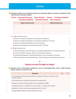 ·
CAP
·
Novo
HGP
·
6.º
ano
157
7 Completa o quadro com as seguintes palavras ou expressões. Depois, assinala as respostas corretas
relativamente a cada tipo de poder.
Governo Assembleia de Freguesia Câmara Municipal Tribunais Presidente da República
Assembleia da República Assembleia Municipal Junta de Freguesia
Órgãos do poder central Órgãos do poder local
đ đ
đ đ
đ đ
đ đ
7.1 Órgãos do poder central:
A. Governo, Presidente da República e Assembleia da República.
B. Governo, Presidente da República, Assembleia da República e Tribunais.
C. Governo, Presidente da República, Junta de Freguesia.
D. Assembleia da República, Assembleia Municipal e Tribunais.
7.2 Órgãos do poder local:
A. Câmara Municipal, Junta de Freguesia, Assembleia da República e Assembleia Municipal.
B. Junta de Freguesia, Tribunais, Governo, Assembleia de Freguesia.
C. Assembleia da República, Assembleia Municipal, Junta de Freguesia e Tribunais.
D. Câmara Municipal, Assembleia Municipal, Junta de Freguesia e Assembleia de Freguesia.
II
Espaços em que Portugal se Integra
1 Assinala com V as afirmações verdadeiras e com F as afirmações faltas, sobre a União Europeia.
Depois, assinala a resposta correta.
Afirmações V F
A Comunidade Económica Europeia (CEE) foi fundada em 1957, por seis países, entre
os quais a França.
A UE começou por se chamar Zona Económica Europeia (ZEE).
Portugal só se tornou membro da UE com a sua adesão, em 1986.
O alargamento da UE, em 2004, foi o maior de todos – entraram mais 12 países.
Atualmente o número de países que fazem parte da UE é de 37.
A moeda adotada desde 1 de janeiro de 2002 é o euro.
TESTE 5
 