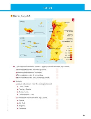 ·
CAP
·
Novo
HGP
·
6.º
ano
163
6 Observa o documento 7.
6.1 Com base no documento 7, assinala a opção que define densidade populacional.
A. Número de habitantes por metro quadrado.
B. Número de indivíduos por município.
C. Número de elementos da comunidade.
D. Número de habitantes por quilómetro quadrado.
6.2 Assinala:
a) as duas cidades com maior densidade populacional.
A. Lisboa e Porto.
B. Funchal e Guarda.
C. Aveiro e Leiria.
D. Castelo Branco e Faro.
b) a cidade com menor densidade populacional.
A. Guarda.
B. Vila Real.
C. Bragança.
D. Portalegre.
Porto
Caminha Bragança
Braga
Guimarães
Aveiro Viseu
Lisboa
 1000
451 - 1000
180 - 450
100 - 179
30 - 99
 30
Hab./km2
População total:
10 401 100
Território:
91 946 km2
Densidade
populacional:
113,1 habitantes/ km2
N
Faro
Beja
Évora
Setúbal
AÇORES
Corvo
Flores
Faial
Pico
São Jorge
Graciosa
Terceira
Ponta Delgada
São Miguel
Santa Maria
40 km
0
MADEIRA
Porto Santo
Funchal 40 km
0
40 km
0
TESTE 6
7
DOC.
 
