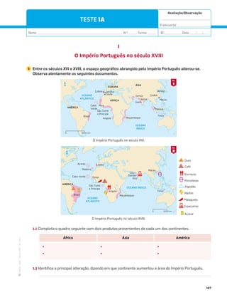 ·
CAP
·
Novo
HGP
·
6.º
ano
Avaliação/Observação
__________________________________
Professor(a): ______________________
Nome: __________________________________________________________ N.O
: ______Turma: ______ EE: ___________ Data: ____/____/____
167
N
5000 km
0
CHINA
ÍNDIA
JAPÃO
Angola
Mina
Brasil
Cabo
Verde
São Tomé
e Principe
Moçambique
OCEANO
ATLÂNTICO
OCEANO
ÍNDICO
EUROPA
AMÉRICA
ÁSIA
ÁFRICA
Lisboa Sevilha
Goa
Ormuz
Macau
Malaca
Timor
Ceuta
TESTE 1A
I
O Império Português no século XVIII
1 Entre os séculos XVI e XVIII, o espaço geográfico abrangido pelo Império Português alterou-se.
Observa atentamente os seguintes documentos.
1.1 Completa o quadro seguinte com dois produtos provenientes de cada um dos continentes.
1.2 Identifica a principal alteração, dizendo em que continente aumentou a área do Império Português.
África Ásia América
đ
đ
đ
đ
đ
đ
N
2000 km
0
OCEANO
ATLÂNTICO
OCEANO ÍNDICO
Lisboa
Açores
Madeira
Cabo Verde Guiné
Diu
Macau
Timor
Damão
Goa
São Tomé
e Príncipe
Angola
AMÉRICA
Moçambique
Brasil
1
DOC.
2
DOC.
O Império Português no século XVIII.
O Império Português no século XVI.
Ouro
Café
Escravos
Porcelanas
Algodão
Marﬁm
Especiarias
Malagueta
Açúcar
 