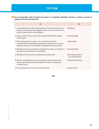 ·
CAP
·
Novo
HGP
·
6.º
ano
181
TESTE 2A
2 Faz corresponder cada conceito da coluna A à respetiva definição. Escreve o número correto no
espaço em branco da coluna B.
FIM
A B
1. Lei principal de um país, onde constam a forma de governo e os
direitos e os deveres dos cidadãos. Todas as outras leis têm de
estar de acordo com a Constituição.
a) Regente
2. Guerra, dentro de um país, entre grupos de habitantes desse
mesmo país.
b) Conspiração
3. Forma de governo em que o rei, ou monarca, governa
respeitando a Constituição, elaborada de acordo com as ideias
liberais, sendo por isso também chamada monarquia liberal.
c) Revolução
4. Revolta que provoca grandes mudanças num país, no modo de o
governar, na economia e na sociedade.
d) Constituição
5. Revolta contra o governo, preparada secretamente. e) Monarquia liberal
ou constitucional
6. Governo nomeado após uma revolução e que deve governar
até ser aprovada uma Constituição ou formado um governo
constitucional.
f) Governo provisório
7. O que governa em nome do rei ou da rainha. g) Guerra Civil
 