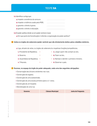 ·
CAP
·
Novo
HGP
·
6.º
ano
199
TESTE 5A
5.1 Identifica o artigo que:
a) impede a existência da censura;
b) impede a violência usada pela PIDE;
c) garante o direito à greve;
d) garante o direito à educação.
5.2 O poder político divide-se em poder central e local.
a) Em que parte da Constituição é referida a organização do poder político?
6 Indica os órgãos de soberania (poder central) que são diretamente eleitos pelos cidadãos eleitores.
c) Liga, através de setas, os órgãos de soberania às respetivas funções/competências.
1. Presidente da República. A. Julgar quem não cumpre as leis.
2. Governo. B. Fazer as leis.
3. Assembleia da República. C. Nomear e demitir o primeiro-ministro.
4. Tribunais. D. Governar o país.
7 Escreve, no espaço do órgão de poder adequado, cada uma das seguintes obrigações:
¤ Conservação das árvores existentes nas ruas.
¤ Construção de esgotos.
¤ Construção de uma autoestrada.
¤ Construção de uma escola primária (para o 1.o
ciclo).
¤ Construção de um hospital.
¤ Desratização de uma rua.
Governo Câmara Municipal Junta de Freguesia
 