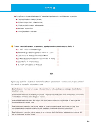 ·
CAP
·
Novo
HGP
·
6.º
ano
213
3.1 Completa as alíneas seguintes com o ano da cronologia que corresponde a cada uma.
a) Desenvolvimento da agricultura –
b) Submissão do clero e da nobreza –
c) Proteção da burguesia portuguesa –
d) Melhoria no ensino –
e) Proibição da escravatura –
TESTE 1B
VI
1 Ordena cronologicamente os seguintes acontecimentos, numerando-os de 1 a 6:
a) D. José I torna-se rei de Portugal.
b) Terramoto que destruiu parte da cidade de Lisboa.
c) Construção do Palácio-convento de Mafra.
d) O Marquês de Pombal é nomeado ministro do Reino.
e) Descoberta de ouro no Brasil.
f) D. João V torna-se rei de Portugal.
FIM
Este teste correu-me muito bem porque estive atento/a nas aulas, participei na realização das atividades e
estudei em casa.
Este teste não me correu muito bem porque nem sempre estive atento/a nas aulas nem sempre participei na
realização das atividades e estudei pouco em casa.
Este teste não me correu nada bem porque não estive atento nas aulas, não participei na realização das
atividades e não estudei em casa.
Este teste correu-me muito mal porque, apesar de estar atento e trabalhar nas aulas e em casa, sinto
dificuldades nesta disciplina. Vou esforçar-me mais para ultrapassar as minhas dificuldades.
Este teste correu-me muito mal porque perturbo as aulas e não trabalho nem nas aulas nem em casa. Sei
que terei de mudar a minha atitude.
Agora que já resolveste o teu teste, lê atentamente as frases que se seguem e assinala (com um X) a que melhor
corresponde ao teu trabalho nas aulas e em casa.
 