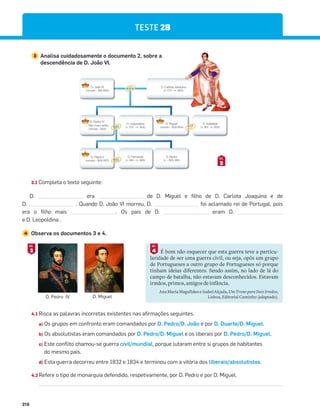 218
TESTE 2B
D. Pedro IV D. Miguel
3.1 Completa o texto seguinte:
D. era de D. Miguel e filho de D. Carlota Joaquina e de
D. . Quando D. João VI morreu, D. foi aclamado rei de Portugal, pois
era o filho mais . Os pais de D. eram D.
e D. Leopoldina .
4 Observa os documentos 3 e 4.
É bom não esquecer que esta guerra teve a particu-
laridade de ser uma guerra civil, ou seja, opôs um grupo
de Portugueses a outro grupo de Portugueses só porque
tinham ideias diferentes. Sendo assim, no lado de lá do
campo de batalha, não estavam desconhecidos. Estavam
irmãos, primos, amigos de infância.
Ana Maria Magalhães e Isabel Alçada, Um Trono para Dois Irmãos,
Lisboa, Editorial Caminho (adaptado).
4
DOC.
3
DOC.
4.1 Risca as palavras incorretas existentes nas afirmações seguintes.
a) Os grupos em confronto eram comandados por D. Pedro/D. João e por D. Duarte/D. Miguel.
b) Os absolutistas eram comandados por D. Pedro/D. Miguel e os liberais por D. Pedro/D. Miguel.
c) Este conflito chamou-se guerra civil/mundial, porque lutaram entre si grupos de habitantes
do mesmo país.
d) Esta guerra decorreu entre 1832 e 1834 e terminou com a vitória dos liberais/absolutistas.
4.2 Refere o tipo de monarquia defendido, respetivamente, por D. Pedro e por D. Miguel.
3 Analisa cuidadosamente o documento 2, sobre a
descendência de D. João VI.
D. Carlota Joaquina
(n. 1775 – m. 1830)
D. João VI
(reinado – 1816-1826)
D. Pedro IV
– ﬁlho mais velho
(reinado – 1826)
D. Leopoldina
(n. 1797 – m. 1826)
D. Adelaide
(n. 1831 - m. 1909)
D. Miguel
(reinado – 1828-1834)
D. Maria II
(reinado – 1826-1853)
D. Fernando
(n. 1816 – m. 1885)
D. Pedro
(n. – 1825-1891)
2
DOC.
 