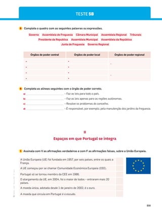 ·
CAP
·
Novo
HGP
·
6.º
ano
235
5 Completa o quadro com as seguintes palavras ou expressões.
Governo Assembleia de Freguesia Câmara Municipal Assembleia Regional Tribunais
Presidente da Republica Assembleia Municipal Assembleia da República
Junta de Freguesia Governo Regional
Órgãos de poder central Órgãos de poder local Órgãos de poder regional
¤ ¤
·
¤ ¤
¤ ¤
·
¤ ¤
II
Espaços em que Portugal se integra
1 Assinala com V as afirmações verdadeiras e com F as afirmações falsas, sobre a União Europeia.
A União Europeia (UE) foi fundada em 1957, por seis países, entre os quais a
França.
A UE começou por se chamar Comunidade Económica Europeia (CEE).
Portugal só se tornou membro da CEE em 1986.
O alargamento da UE, em 2004, foi o maior de todos – entraram mais 20
países.
A moeda única, adotada desde 1 de janeiro de 2002, é o euro.
A moeda que circula em Portugal é o escudo.
TESTE 5B
6 Completa as alíneas seguintes com o órgão de poder correto.
a) ___________________________ – Faz as leis para todo o país.
b) ___________________________ – Faz as leis apenas para as regiões autónomas.
c) ___________________________ – Resolve os problemas do concelho.
d) ___________________________Vĩ;)854ė?)1Z85;)A)3815Z8)1$3$4=)4Đē5(5/$;(.4($+;),).$Y
 