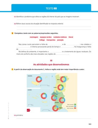 ·
CAP
·
Novo
HGP
·
6.º
ano
243
TESTE 6B
2.1 Identifica o problema que afeta as regiões do interior do país que as imagens mostram.
2.2 Refere duas causas da situação identificada na resposta anterior.
3 Completa o texto com as palavras/expressões seguintes.
reciclagem espaços verdes cuidados médicos litoral
tráfego transportes poluição
Nas zonas rurais persistem a falta de e de ; nas cidades o
é intenso provocando perda de tempo e , há insegurança e falta
de .
Na defesa do ambiente, é importante a e o tratamento de águas residuais. Os
níveis de conforto são mais elevados nas regiões do .
III
As atividades que desenvolvemos
1 A partir da observação do documento 1, indica a região onde tem maior importância o setor:
1
DOC.
Setor terciário
Setor secundário
Setor primário
N
AÇORES
40 km
0
MADEIRA
40 km
0
40 km
0
Norte
Centro
Lisboa
e Vale do Tejo
Alentejo
Algarve
1.1 primário;
 