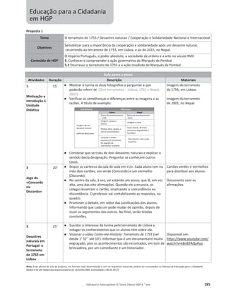 Editável e fotocopiável © Texto |Novo HGP 6.o
ano 285
Educação para a Cidadania
em HGP
Proposta 1
Tema O terramoto de 1755 / Desastres naturais / Cooperação e Solidariedade Nacional e Internacional
Objetivos
Sensibilizar para a importância da cooperação e solidariedade após um desastre natural,
recorrendo ao terramoto de 1755, em Lisboa, e ao de 2015, no Nepal.
Conteúdo de HGP
O Império Português, o poder absoluto, a sociedade de ordens e a arte no século XVIII
5. Conhecer e compreender a ação governativa do Marquês de Pombal
5.1 Descrever o terramoto de 1755 e a ação imediata do Marquês de Pombal
Aula passo a passo
Atividades Duração Descrição Materiais
1
Motivação e
introdução à
Unidade
Didática
15’ භ Mostrar à turma as duas fotografias e perguntar a que
poderão referir-se. (Dois terramotos – Lisboa, 1755 e Nepal,
2015).
භ Verificar as semelhanças e diferenças entre as imagens e as
razões. A título de exemplo:
Semelhanças Diferenças
Imagem de um
desastre natural
Edifícios destruídos
Lisboa Nepal
Época do acontecimento
- 1755
Época do acontecimento -
-2015
Imagem a preto e
branco
Imagem a cores
Prédios altos, igrejas e
outros monumentos
Casas baixas, de fraca
estrutura, degradadas e
humildes
Caravela e ondas
enormes (O terramoto
foi seguido de
maremoto/ tsunami)
País interior, sem costa
marítima
භ Constatar que se trata de dois desastres naturais e explicar o
sentido desta designação. Perguntar se conhecem outros
casos.
Imagem do terramoto
de 1755, em Lisboa:
Imagem do terramoto
de 2001, no Nepal:
2
Jogo do
«Concordo
ou
Discordo»
20’ භ Dispor as carteiras da sala de aula em «U». Cada aluno tem na
mão dois cartões: um verde (Concordo) e um vermelho
(Discordo).
භ No centro da sala, à vez, vai estando um aluno, que lê, em voz
alta, uma das oito afirmações. Quando ele a enuncia, os
colegas levantam o cartão, sinalizando a concordância ou
discordância. O professor vai contabilizando as respostas, no
quadro.
භ Promover o debate, em redor das justificações dos alunos,
informando que cada um pode mudar de opinião, depois de
ouvir os argumentos dos outros. No final, serão tiradas
conclusões.
Cartões verdes e vermelhos
para distribuir aos alunos.
Documento com as
afirmações.
3
Desastres
naturais em
Portugal: o
terramoto
de 1755 em
Lisboa
25’ භ Suscitar o interesse da turma pelo terramoto de Lisboa e
indagar os conhecimentos que os alunos têm sobre ele.
භ Visionar o vídeo Conte-me História: Terramoto de 1755 (ver
desde 1’ 32’’ até 10’). Informar que é um documentário muito
engraçado, pois os acontecimentos são recontados, em tom de
brincadeira, por um comediante e um historiador.
Disponível em:
https://www.youtube.com/
watch?v=kBnB7AQuPyo
Nota: Estes planos de aula de projetos, em formato mais desenvolvido e com os respetivos materiais, podem ser consultados no Manual de Educação para a Cidadania
Global e no site www.educarparacooperar.pt, da AIDGLOBAL (Consultado a 08.03.2017).
 