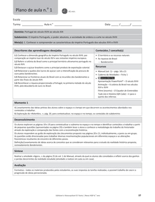 Editável e fotocopiável © Texto | Novo HGP 6.o
ano 37
Escola ________________________________________________________________________________________________________
Turma __________________ Aula n.o
_______________ Data ______ /________/ ________
Domínio: Portugal do século XVIII ao século XIX
Subdomínio: O Império Português, o poder absoluto, a sociedade de ordens e a arte no século XVIII
Meta(s): 1. Conhecer e compreender as características do Império Português dos séculos XVII e XVIII
Descritores das aprendizagens desejadas Conteúdos / conceito(s)
1.1 Conhecer a dimensão geográfica do Império Português no século XVIII, por
comparação ao império luso do século XVI e aos restantes impérios europeus.
1.2 Referir a colónia do Brasil como o principal território ultramarino português no
século XVII.
1.3 Destacar o açúcar brasileiro como o principal produto de exportação colonial.
1.4 Relacionar a quebra dos lucros do açúcar com a intensificação da procura de
ouro pelos bandeirantes.
1.5 Relacionar as fronteiras atuais do Brasil com as incursões dos bandeirantes a
partir dos finais do século XVII.
1.6 Reconhecer a riqueza proporcionada a Portugal, na primeira metade do século
XVIII, pela descoberta de ouro no Brasil.
ͻ O território e os recursos naturais
ͻ As riquezas do Brasil
 Bandeirantes
Recursos
ͻ Manual (vol. 1) – págs. 18 a 21
ͻ Caderno de Atividades – Ficha 1
ͻ
Apresentação PowerPoint® – O século XVIII
Animação – A colónia do Brasil nos séculos
XVII e XVIII
Filme (excerto) – O Caçador de Esmeraldas
Tudo isto é História (QR Code) – Ir para o
quinto dos infernos
Momento 1
A) Levantamento das ideias prévias dos alunos sobre o espaço e o tempo em que decorrem os acontecimentos abordados nos
conteúdos a trabalhar.
B) Exploração do «Relembra…», pág. 20, para contextualizar, no espaço e no tempo, os conteúdos do subdomínio.
Desenvolvimento
Os alunos exploram as páginas 18 e 19 para contextualizar o subtema no espaço e no tempo e identificar conteúdos a trabalhar a partir
de pequenas questões (apresentadas na página 19) e também levar o aluno a conhecer a metodologia do trabalho do historiador
através da exploração e comparação das fontes com a reconstituição histórica.
Os alunos respondem ao guião de exploração dos documentos proposto nas páginas 20 e 21, individualmente, a pares ou em grupo.
As questões estão direcionadas para trabalhar diversas movimentações populacionais em diferentes espaços e as alterações
fisionómicas resultantes do encontro de diferentes povos.
Definição/Levantamento de ideias acerca de conceitos que se consideram relevantes para o estudo da realidade histórica proposta,
nomeadamente Bandeirantes.
Síntese
Realizar a atividade «Agora…» da página 25 do vol. 1 do Manual, através da qual os alunos são convidados a refletir acerca dos ganhos
e perdas decorrentes da realidade estudada (atividade a realizar em aula ou em casa).
Avaliação
Formativa – todos os materiais produzidos pelos estudantes, as suas respostas às tarefas realizadas, o possível trabalho de casa e a
progressão de ideias percecionada.
Plano de aula n.o
1 45 min.
 
