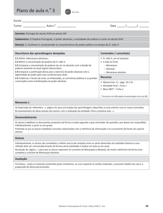 Editável e fotocopiável © Texto | Novo HGP 6.o
ano 39
Escola ________________________________________________________________________________________________________
Turma __________________ Aula n.o
_______________ Data ______ /________/ ________
Domínio: Portugal do século XVIII ao século XIX
Subdomínio: O Império Português, o poder absoluto, a sociedade de ordens e a arte no século XVIII
Meta(s): 2. Conhecer e compreender as características do poder político no tempo de D. João V
Descritores das aprendizagens desejadas Conteúdos / conceito(s)
2.1 Definir «Monarquia absoluta».
2.2 Referir a concentração de poderes de D. João V.
2.3 Comparar a concentração de poderes de um rei absoluto com a divisão de
poderes existente no atual regime democrático.
2.4 Comparar a justificação divina para o exercício do poder absoluto com a
legitimidade do poder pelo voto na democracia atual.
2.5 Evidenciar o fausto da corte, as embaixadas, as cerimónias públicas e as grandes
construções como manifestações do poder absoluto.
ͻ D. João V, um rei absoluto
ͻ A vida na Corte
 Monarquia
 Absoluto
 Monarquia absoluta
Recursos
ͻ Manual (vol. 1) – págs. 24 e 25
ͻ Atividade Final – Ficha 1
ͻ Bloco NEE* – Ficha 1
* Para alunos com dificuldades de aprendizagem e/ou com NEE.
Momento 1
A) Exploração do «Relembra...», página 24, para articulação das aprendizagens adquiridas na aula anterior com os novos conteúdos.
B) Levantamento de ideias prévias dos alunos, com a realização da atividade «Para a próxima aula...».
Desenvolvimento
Os alunos trabalham os documentos propostos de forma cruzada seguindo o guia orientador de questões, que devem ser respondidas
individualmente, a pares ou em grupo.
Pretende-se que os alunos trabalhem conceitos relacionados com a inferência de informação e no cruzamento de fontes de suporte
diverso.
Síntese
Individualmente, os alunos são convidados a refletir acerca das relações entre as várias dimensões da realidade histórica e essa
reflexão deve ser comunicada através de formas várias (atividade a realizar em aula ou em casa).
Resolução do «Agora...» para que os alunos repensem os conceitos de Monarquia e Absoluto, de modo a definirem de forma mais
complexa o conceito de Monarquia absoluta.
Avaliação
Formativa – todos os materiais produzidos pelos estudantes, as suas respostas às tarefas realizadas, o possível trabalho de casa e a
progressão de ideias percecionada.
Plano de aula n.o
3 45 min.
 