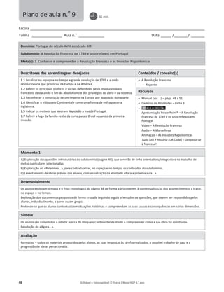 46 Editável e fotocopiável © Texto | Novo HGP 6.o
ano
Escola ________________________________________________________________________________________________________
Turma __________________ Aula n.o
_______________ Data ______ /________/ ________
Domínio: Portugal do século XVIII ao século XIX
Subdomínio: A Revolução Francesa de 1789 e seus reflexos em Portugal
Meta(s): 1. Conhecer e compreender a Revolução Francesa e as Invasões Napoléonicas
Descritores das aprendizagens desejadas Conteúdos / conceito(s)
1.1 Localizar no espaço e no tempo a grande revolução de 1789 e a onda
revolucionária que provocou na Europa e na América.
1.2 Referir os princípios políticos e sociais defendidos pelos revolucionários
franceses, destacando o fim do absolutismo e dos privilégios do clero e da nobreza.
1.3 Reconhecer a construção de um Império na Europa por Napoleão Bonaparte.
1.4 Identificar o «Bloqueio Continental» como uma forma de enfraquecer a
Inglaterra.
1.5 Indicar os motivos que levaram Napoleão a invadir Portugal.
1.7 Referir a fuga da família real e da corte para o Brasil aquando da primeira
invasão.
ͻ A Revolução Francesa
 Regente
Recursos
ͻ Manual (vol. 1) – págs. 48 a 51
ͻ Caderno de Atividades – Ficha 3
ͻ
Apresentação PowerPoint® – A Revolução
Francesa de 1789 e os seus reflexos em
Portugal
Vídeo – A Revolução Francesa
Áudio – A Marselhesa
Animação – As Invasões Napoleónicas
Tudo isto é História (QR Code) – Despedir-se
à francesa!
Momento 1
A) Exploração das questões introdutórias do subdomínio (página 48), que servirão de linha orientadora/integradora no trabalho de
metas curriculares selecionadas.
B) Exploração do «Relembra...», para contextualizar, no espaço e no tempo, os conteúdos do subdomínio.
C) Levantamento de ideias prévias dos alunos, com a realização da atividade «Para a próxima aula...».
Desenvolvimento
Os alunos exploram o mapa e o friso cronológico da página 48 de forma a procederem à contextualização dos acontecimentos a tratar,
no espaço e no tempo.
Exploração dos documentos propostos de forma cruzada seguindo o guia orientador de questões, que devem ser respondidas pelos
alunos, individualmente, a pares ou em grupo.
Pretende-se que os alunos contextualizem situações históricas e compreendam as suas causas e consequências em várias dimensões.
Síntese
Os alunos são convidados a refletir acerca do Bloqueio Continental de modo a compreender como a sua ideia foi construída.
Resolução do «Agora...».
Avaliação
Formativa – todos os materiais produzidos pelos alunos, as suas respostas às tarefas realizadas, o possível trabalho de casa e a
progressão de ideias percecionada.
Plano de aula n.o
9 45 min.
 