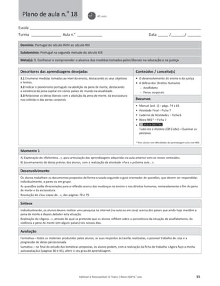 Editável e fotocopiável © Texto | Novo HGP 6.o
ano 55
Escola ________________________________________________________________________________________________________
Turma __________________ Aula n.o
_______________ Data ______ /________/ ________
Domínio: Portugal do século XVIII ao século XIX
Subdomínio: Portugal na segunda metade do século XIX
Meta(s): 3. Conhecer e compreender o alcance das medidas tomadas pelos liberais na educação e na justiça
Descritores das aprendizagens desejadas Conteúdos / conceito(s)
3.1 Enumerar medidas tomadas ao nível do ensino, destacando os seus objetivos
e limites.
3.2 Indicar o pioneirismo português na abolição da pena de morte, destacando
a existência da pena capital em vários países do mundo na atualidade.
3.3 Relacionar as ideias liberais com a abolição da pena de morte, da escravatura
nas colónias e das penas corporais.
ͻ O desenvolvimento do ensino e da justiça
ͻ A defesa dos Direitos Humanos
 Analfabeto
 Penas corporais
Recursos
ͻ Manual (vol. 1) – págs. 74 a 81
ͻ Atividade Final – Ficha 7
ͻ Caderno de Atividades – Ficha 6
ͻ Bloco NEE* – Ficha 7
ͻ
Tudo isto é História (QR Code) – Queimar as
pestanas
* Para alunos com dificuldades de aprendizagem e/ou com NEE.
Momento 1
A) Exploração do «Relembra...», para articulação das aprendizagens adquiridas na aula anterior com os novos conteúdos.
B) Levantamento de ideias prévias dos alunos, com a realização da atividade «Para a próxima aula...».
Desenvolvimento
Os alunos trabalham os documentos propostos de forma cruzada seguindo o guia orientador de questões, que devem ser respondidas
individualmente, a pares ou em grupo.
As questões estão direcionadas para a reflexão acerca das mudanças no ensino e nos direitos humanos, nomeadamente o fim da pena
de morte e da escravatura.
Resolução do «Sou capaz de...», das páginas 78 e 79.
Síntese
Individualmente, os alunos devem realizar uma pesquisa na internet (na aula ou em casa) acerca dos países que ainda hoje mantêm a
pena de morte e depois debater esta situação.
Realização do «Agora...», através do qual se pretende que os alunos reflitam sobre a persistência da situação de analfabetismo, da
violência e pena de morte (em alguns países) nos nossos dias.
Avaliação
Formativa – todos os materiais produzidos pelos alunos, as suas respostas às tarefas realizadas, o possível trabalho de casa e a
progressão de ideias percecionada.
Sumativa – no final do estudo das temáticas propostas, os alunos podem, com a realização da ficha de trabalho «Agora faço a minha
autoavaliação» (páginas 80 e 81), aferir o seu grau de aprendizagem.
Plano de aula n.o
18 45 min.
 