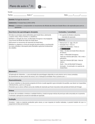 Editável e fotocopiável © Texto | Novo HGP 6.o
ano 69
Escola ________________________________________________________________________________________________________
Turma __________________ Aula n.o
_______________ Data ______ /________/ ________
Domínio: Portugal do século XX
Subdomínio: O Estado Novo (1933-1974)
Meta(s): 2. Conhecer e compreender os mecanismos de difusão das ideias do Estado Novo e de repressão para com os
opositores
Descritores das aprendizagens desejadas Conteúdos / conceito(s)
2.1 Indicar os principais valores defendidos pelo Estado Novo, salientando
a máxima «Deus, Pátria e Família» e a obediência.
2.2 Referir a utilização do ensino, da Mocidade Portuguesa e da propaganda
como formas de difusão dos ideais do Estado Novo.
2.3 Enumerar os mecanismos de repressão do Estado Novo.
2.4 Referir os objetivos e a forma de atuação da polícia política, reconhecendo
nos meios utilizados o desrespeito pelas liberdades e garantias fundamentais
dos cidadãos.
ͻ Os suportes da ditadura salazarista
 Liberdade de expressão
Recursos
ͻ Manual (vol. 2) – págs. 28 e 29
ͻ Atividade Final – Ficha 11
ͻ Caderno de Atividades – Ficha 11
ͻ
Vídeo – Os ideais do Estado Novo (discurso
de Salazar)
Vídeo – A Mocidade Portuguesa
Tudo isto é História (QR Code) – Dar a mão à
palmatória
Tudo isto é História (QR Code) – Bota de
elástico
Áudio – Hino da Mocidade Portuguesa
Animação – A construção e os suportes do
Estado Novo
Momento 1
A) Exploração do «Relembra...», para articulação das aprendizagens adquiridas na aula anterior com os novos conteúdos.
B) Levantamento de ideias prévias dos alunos, com a realização da atividade «Para a próxima aula...».
Desenvolvimento
Os alunos trabalham os documentos propostos de forma cruzada seguindo o guia orientador de questões, que devem ser respondidas
individualmente, a pares ou em grupo.
Pretendem que os alunos reflitam acerca das medidas de repressão que foram marcantes neste período da História de Portugal.
Síntese
Os alunos são convidados a sintetizar a realidade histórica, criando em grupo notícias de jornal que serão censuradas em cruzamento.
É solicitada a aplicação do conceito de Liberdade de expressão.
Avaliação
Formativa – todos os materiais produzidos pelos alunos, as suas respostas às tarefas realizadas, o possível trabalho de casa e a
progressão de ideias percecionada.
Plano de aula n.o
31 45 min.
 