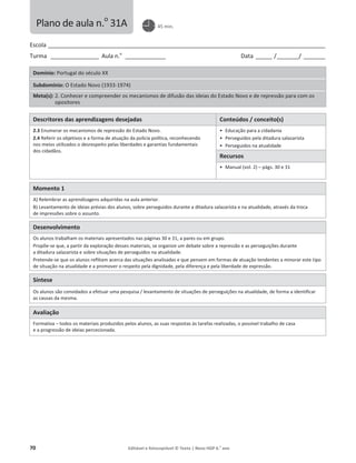 70 Editável e fotocopiável © Texto | Novo HGP 6.o
ano
Escola ________________________________________________________________________________________________________
Turma __________________ Aula n.o
_______________ Data ______ /________/ ________
Domínio: Portugal do século XX
Subdomínio: O Estado Novo (1933-1974)
Meta(s): 2. Conhecer e compreender os mecanismos de difusão das ideias do Estado Novo e de repressão para com os
opositores
Descritores das aprendizagens desejadas Conteúdos / conceito(s)
2.3 Enumerar os mecanismos de repressão do Estado Novo.
2.4 Referir os objetivos e a forma de atuação da polícia política, reconhecendo
nos meios utilizados o desrespeito pelas liberdades e garantias fundamentais
dos cidadãos.
ͻ Educação para a cidadania
ͻ Perseguidos pela ditadura salazarista
ͻ Perseguidos na atualidade
Recursos
ͻ Manual (vol. 2) – págs. 30 e 31
Momento 1
A) Relembrar as aprendizagens adquiridas na aula anterior.
B) Levantamento de ideias prévias dos alunos, sobre perseguidos durante a ditadura salazarista e na atualidade, através da troca
de impressões sobre o assunto.
Desenvolvimento
Os alunos trabalham os materiais apresentados nas páginas 30 e 31, a pares ou em grupo.
Propõe-se que, a partir da exploração desses materiais, se organize um debate sobre a repressão e as perseguições durante
a ditadura salazarista e sobre situações de perseguidos na atualidade.
Pretende-se que os alunos reflitam acerca das situações analisadas e que pensem em formas de atuação tendentes a minorar este tipo
de situação na atualidade e a promover o respeito pela dignidade, pela diferença e pela liberdade de expressão.
Síntese
Os alunos são convidados a efetuar uma pesquisa / levantamento de situações de perseguições na atualidade, de forma a identificar
as causas da mesma.
Avaliação
Formativa – todos os materiais produzidos pelos alunos, as suas respostas às tarefas realizadas, o possível trabalho de casa
e a progressão de ideias percecionada.
Plano de aula n.o
31A 45 min.
 