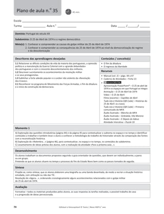 74 Editável e fotocopiável © Texto | Novo HGP 6.o
ano
Escola ________________________________________________________________________________________________________
Turma __________________ Aula n.o
_______________ Data ______ /________/ ________
Domínio: Portugal do século XX
Subdomínio: O 25 de Abril de 1974 e o regime democrático
Meta(s): 1. Conhecer e compreender as causas do golpe militar do 25 de Abril de 1974
2. Conhecer e compreender as consequências do 25 de Abril de 1974 ao nível da democratização do regime
e da descolonização
Descritores das aprendizagens desejadas Conteúdos / conceito(s)
1.1 Relacionar as difíceis condições de vida da maioria dos portugueses, a opressão
política e a manutenção da Guerra Colonial com a «grande debandada»
dos portugueses e com o crescente descontentamento dos militares.
1.2 Descrever sucintamente os acontecimentos da revolução militar
e os seus protagonistas.
1.3 Sublinhar a forte adesão popular e o caráter não violento da «Revolução
dos Cravos».
2.1 Reconhecer no programa do Movimento das Forças Armadas, o fim da ditadura
e o início da construção da democracia.
ͻ O fim da ditadura
ͻ O regresso da liberdade
Recursos
ͻ Manual (vol. 2) – págs. 44 a 47
ͻ Caderno de Atividades – Ficha 13
ͻ
Apresentação PowerPoint® – O 25 de abril de
1974 e os espaços em que Portugal se integra
Animação – O 25 de Abril de 1974
Vídeo – O 25 de Abril
Filme (excerto) – Capitães de Abril
Tudo isto é História (QR Code) – Histórias do
25 de Abril: os cravos
Tudo isto é História (QR Code) – Primeiro
comunicado do MFA
Áudio Ilustrado – Marcha do MFA
Áudio Ilustrado – Grândola, Vila Morena
Áudio Ilustrado – E Depois do Adeus
Atividade Interativa – Puzzle 10
Momento 1
A) Exploração das questões introdutórias (página 44) e da página 45 para contextualizar o subtema no espaço e no tempo e identificar
conteúdos a trabalhar e também levar o aluno a conhecer a metodologia do trabalho do historiador através da comparação das fontes
com a reconstituição histórica.
B) Exploração do «Relembra...» (página 46), para contextualizar, no espaço e no tempo, os conteúdos do subdomínio.
C) Levantamento de ideias prévias dos alunos, com a realização da atividade «Para a próxima aula...».
Desenvolvimento
Os alunos trabalham os documentos propostos seguindo o guia orientador de questões, que devem ser individualmente, a pares
ou em grupo.
Pretende-se que os alunos situem no tempo o processo do fim do Estado Novo bem como os passos tomados de seguida.
Síntese
Propõe-se, como síntese, que os alunos elaborem uma biografia ou uma banda desenhada, de modo a recriar a situação histórica
estudada, com utilização ou não das TIC.
Resolução do «Agora...», ordenando cronologicamente alguns acontecimentos relacionados com o golpe militar
de 25 de abril de 1974.
Avaliação
Formativa – todos os materiais produzidos pelos alunos, as suas respostas às tarefas realizadas, o possível trabalho de casa
e a progressão de ideias percecionada.
Plano de aula n.o
35 45 min.
 