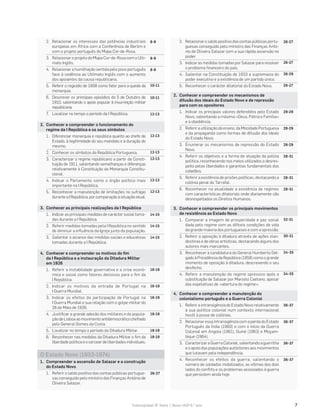 Fotocopiável © Texto | Novo HGP 6.o
ano 7
2. Relacionar os interesses das potências industriais
europeias em África com a Conferência de Berlim e
com o projeto português do Mapa Cor-de-Rosa.
3. Relacionar o projeto do Mapa Cor-de-Rosa com o Ulti-
mato Inglês.
4. Relacionar a humilhação sentida pelo povo português
face à cedência ao Ultimato Inglês com o aumento
dos apoiantes da causa republicana.
5. Referir o regicídio de 1908 como fator para a queda da
monarquia.
6. Descrever os principais episódios do 5 de Outubro de
1910, salientando o apoio popular à insurreição militar
republicana.
7. Localizar no tempo o período da I República.
2. Conhecer e compreender o funcionamento do
regime da I República e os seus símbolos
1. Diferenciar monarquia e república quanto ao chefe de
Estado, à legitimidade do seu mandato e à duração do
mesmo.
2. Conhecer os símbolos da República Portuguesa.
3. Caracterizar o regime republicano a partir da Consti-
tuição de 1911, salientando semelhanças e diferenças
relativamente à Constituição da Monarquia Constitu-
cional.
4. Indicar o Parlamento como o órgão político mais
importante na I República.
5. Reconhecer a manutenção de limitações no sufrágio
duranteaIRepública,porcomparaçãoàsituaçãoatual.
3. Conhecer as principais realizações da I República
1. Indicar as principais medidas de carácter social toma-
das durante a I República.
2. Referir medidas tomadas pela I República no sentido
de diminuir a influência da Igreja junto da população.
3. Salientar o alcance das medidas sociais e educativas
tomadas durante a I República.
4. Conhecer e compreender os motivos do fim
da I República e a instauração da Ditadura Militar
em 1926
1. Referir a instabilidade governativa e a crise econó-
mica e social como fatores decisivos para o fim da
I República.
2. Indicar os motivos da entrada de Portugal na
I Guerra Mundial.
3. Indicar os efeitos da participação de Portugal na
I Guerra Mundial e sua relação com o golpe militar do
28 de Maio de 1926.
4. Justificar a grande adesão dos militares e da popula-
ção de Lisboa ao movimento antidemocrático chefiado
pelo General Gomes da Costa.
5. Localizar no tempo o período da Ditadura Militar.
6. Reconhecer nas medidas da Ditadura Militar o fim da
liberdade política e o cercear de liberdades individuais.
O Estado Novo (1933-1974)
1. Compreender a ascensão de Salazar e a construção
do Estado Novo
1. Referir o saldo positivo das contas públicas portugue-
sas conseguido pelo ministro das Finanças António de
Oliveira Salazar.
8-9
8-9
8-9
10-11
10-11
12-13
12-13
12-13
12-13
12-13
12-13
14-15
14-15
14-15
16-19
16-19
16-19
18-19
18-19
18-19
26-27
2. Relacionar o saldo positivo das contas públicas portu-
guesas conseguido pelo ministro das Finanças Antó-
nio de Oliveira Salazar com a sua rápida ascensão no
poder.
3. Indicar as medidas tomadas por Salazar para resolver
o problema financeiro do país.
4. Salientar na Constituição de 1933 a supremacia do
poder executivo e a existência de um partido único.
5. Reconhecer o carácter ditatorial do Estado Novo.
2. Conhecer e compreender os mecanismos de
difusão dos ideais do Estado Novo e de repressão
para com os opositores
1. Indicar os principais valores defendidos pelo Estado
Novo, salientando a máxima «Deus, Pátria e Família»
e a obediência.
2. Referir a utilização do ensino, da Mocidade Portuguesa
e da propaganda como formas de difusão dos ideais
do Estado Novo.
3. Enumerar os mecanismos de repressão do Estado
Novo.
4. Referir os objetivos e a forma de atuação da polícia
política, reconhecendo nos meios utilizados o desres-
peito pelas liberdades e garantias fundamentais dos
cidadãos.
5. Referir a existência de prisões políticas, destacando a
colónia penal do Tarrafal.
6. Reconhecer na atualidade a existência de regimes
com características ditatoriais onde diariamente são
desrespeitados os Direitos Humanos.
3. Conhecer e compreender os principais movimentos
de resistência ao Estado Novo
1. Comparar a imagem de prosperidade e paz social
dada pelo regime com as difíceis condições de vida
da grande maioria dos portugueses e com a opressão.
2. Referir a oposição à ditadura através de ações clan-
destinas e de obras artísticas, destacando alguns dos
autores mais marcantes.
3. Reconhecer a candidatura do General Humberto Del-
gado à Presidência da República (1958) como o grande
momento de oposição à ditadura, descrevendo o seu
desfecho.
4. Referir a manutenção do regime opressivo após a
substituição de Salazar por Marcelo Caetano, apesar
das expetativas de «abertura do regime».
4. Conhecer e compreender a manutenção do
colonialismo português e a Guerra Colonial
1. Referir a intransigência do Estado Novo relativamente
à sua política colonial num contexto internacional
hostil à posse de colónias.
2. Relacionar essa intransigência com a perda do Estado
Português da Índia (1960) e com o início da Guerra
Colonial em Angola (1961), Guiné (1963) e Moçam-
bique (1964).
3. Caracterizar a Guerra Colonial, salientando a guerrilha
e o apoio das populações autóctones aos movimentos
que lutavam pela independência.
4. Reconhecer os efeitos da guerra, salientando o
número de soldados mobilizados, as vítimas dos dois
lados do conflito e os problemas associados à guerra
que persistem ainda hoje.
26-27
26-27
26-29
26-27
28-29
28-29
28-29
28-31
28-31
28-31
32-31
30-31
34-35
34-35
36-37
36-37
36-37
36-37
 