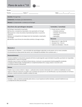 92 Editável e fotocopiável © Texto | Novo HGP 6.o
ano
Escola ________________________________________________________________________________________________________
Turma __________________ Aula n.o
_______________ Data ______ /________/ ________
Domínio: Portugal hoje
Subdomínio: Atividades que desenvolvemos
Meta(s): 8. Compreender o comércio em Portugal
Descritores das aprendizagens desejadas Conteúdos / conceito(s)
8.1 Distinguir importação de exportação.
8.2 Descrever a evolução das importações e das exportações em Portugal.
8.3 Caracterizar os tipos de produtos importados/exportados e os parceiros
comerciais.
8.4 Referir as consequências do desigual valor das importações e exportações
em Portugal.
8.5 Identificar novas formas de comercializar produtos e de pagar serviços.
ͻ O setor terciário: comércio
 Atividades produtivas
 Atividades não produtivas
 Importações
 Exportações
Recursos
ͻ Manual (vol. 2) – págs. 98 e 99
ͻ Atividade Final – Ficha 16
ͻ Caderno de Atividades – Ficha 16
Momento 1
A) Exploração do «Relembra...», para articulação das aprendizagens adquiridas na aula anterior com os novos conteúdos.
B) Levantamento de ideias prévias dos alunos, com a realização da atividade «Para a próxima aula...».
Desenvolvimento
Os alunos trabalham os documentos propostos de forma cruzada seguindo o guia orientador de questões, que devem ser respondidas
individualmente, a pares ou em grupo.
Pretende-se que os alunos, com base em fontes diversas, construam o seu pensamento histórico-geográfico atendendo
às relações de diferenciação, interdependência e complementaridade entre o espaço urbano e rural, bem como
no território nacional e internacional.
Síntese
Propõe-se que os alunos realizem o «Agora...», aplicando vários conceitos relacionados com o comércio e trabalhados nas aulas.
Sugere-se ainda que construam um quadro com os produtos que possuam em casa identificando os que são produzidos em territórios
nacionais e noutros territórios. (trabalho a realizar em casa)
Avaliação
Formativa – todos os materiais produzidos pelos alunos, as suas respostas às tarefas realizadas, o possível trabalho de casa
e a progressão de ideias percecionada.
Plano de aula n.o
53 45 min.
 