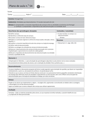 Editável e fotocopiável © Texto | Novo HGP 6.o
ano 93
Escola ________________________________________________________________________________________________________
Turma __________________ Aula n.o
_______________ Data ______ /________/ ________
Domínio: Portugal hoje
Subdomínio: Atividades que desenvolvemos / O mundo mais perto de nós
Meta(s): 9. Compreender a crescente importância dos serviços entre as atividades económicas em Portugal
2. Conhecer e compreender a importância das telecomunicações na sociedade atual
Descritores das aprendizagens desejadas Conteúdos / conceito(s)
9.1 Definir serviços.
9.2 Identificar os diferentes tipos de serviços.
9.3 Localizar as áreas de maior oferta de serviços.
9.4 Explicar os contrastes regionais na oferta de serviços (saúde, educação, cultura,
desporto…).
9.5 Justificar a crescente importância do setor dos serviços na criação de emprego.
2.1 Definir rede de telecomunicação.
2.2 Referir as vantagens da utilização dos serviços de telecomunicação.
2.3 Associar o desenvolvimento dos serviços de telecomunicação com o processo
de globalização e aparecimento do conceito de «aldeia global».
2.4 Discutir a importância do desenvolvimento das telecomunicações nas atividade
humanas e qualidade de vida.
ͻ O setor terciário: os serviços e as
telecomunicações
 Serviços
Recursos
ͻ Manual (vol. 2) – págs. 100 e 101
Momento 1
A) Exploração do «Relembra...», para articulação das aprendizagens adquiridas na aula anterior com os novos conteúdos.
B) Levantamento de ideias prévias dos alunos, com a realização da atividade «Para a próxima aula...».
Desenvolvimento
Os alunos trabalham os documentos propostos de forma cruzada seguindo o guia orientador de questões, que devem ser respondidas
individualmente, a pares ou, sob proposta do professor, em grande grupo-turma.
Pretende-se que os alunos com base em fontes diversas construam o seu pensamento histórico-geográfico atendendo à distribuição
de emprego pelos diferentes setores de atividade e especialmente ao setor terciário, bem como reflitam acerca do papel das
telecomunicações para a formação de identidade em diálogo com vários territórios.
Síntese
Propõe-se aos alunos que implementem o «Agora...» da página 101, organizando e concretizando um debate sobre as vantagens
e desvantagens do uso das telecomunicações.
Sugere-se também que os alunos indiquem dois serviços que utilizam regularmente.
Avaliação
Formativa – todos os materiais produzidos pelos alunos, as suas respostas às tarefas realizadas, o possível trabalho de casa
e a progressão de ideias percecionada.
Plano de aula n.o
54 45 min.
 