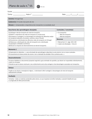 94 Editável e fotocopiável © Texto | Novo HGP 6.o
ano
Escola ________________________________________________________________________________________________________
Turma __________________ Aula n.o
_______________ Data ______ /________/ ________
Domínio: Portugal hoje
Subdomínio: O mundo mais perto de nós
Meta(s): 1. Compreender a importância dos transportes na sociedade atual
Descritores das aprendizagens desejadas Conteúdos / conceito(s)
1.1 Distinguir rede de transporte de modo de transporte.
1.2 Referir a importância das redes de transporte no mundo atual.
1.3 Comparar as vantagens e as desvantagens da utilização dos diferentes modos
de transporte (rodoviário, ferroviário, marítimo, aéreo e fluvial).
1.4 Caracterizar a distribuição das diferentes redes de transporte em Portugal.
1.5 Relacionar a distribuição das redes de transporte com a distribuição
da população e atividades económicas.
1.6 Discutir os impactes do desenvolvimento da rede de transportes.
ͻ Os transportes
 Meio de transporte
 Rede de transporte
Recursos
ͻ Manual (vol. 2) – págs. 102 e 103
ͻ Caderno de Atividades – Ficha 16
Momento 1
A) Exploração do «Relembra...», para articulação das aprendizagens adquiridas na aula anterior com os novos conteúdos.
B) Levantamento de ideias prévias dos alunos, com a realização da atividade «Para a próxima aula...».
Desenvolvimento
Os alunos trabalham os documentos propostos seguindo o guia orientador de questões, que devem ser respondidas individualmente,
a pares ou em grupo.
Pretende-se que os alunos construam o seu conhecimento acerca das vantagens e das desvantagens associadas aos transportes.
Síntese
Propõe-se aos alunos a resolução do «Agora...» onde devem referir vantagens e desvantagens do meio de transporte
habitualmente utilizado.
Avaliação
Formativa – todos os materiais produzidos pelos alunos, as suas respostas às tarefas realizadas, o possível trabalho de casa
e a progressão de ideias percecionada.
Plano de aula n.o
55 45 min.
 