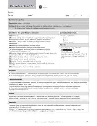 Editável e fotocopiável © Texto | Novo HGP 6.o
ano 95
Escola ________________________________________________________________________________________________________
Turma __________________ Aula n.o
_______________ Data ______ /________/ ________
Domínio: Portugal hoje
Subdomínio: Lazer e Património
Meta(s): 1. Compreender a desigual distribuição da prática do lazer e do turismo a nível nacional
2. Compreender a importância da preservação do património
Descritores das aprendizagens desejadas Conteúdos / conceito(s)
1.1 Definir lazer.
1.2 Localizar as áreas com maior oferta de equipamento culturais e desportivos
diversos (teatros, cinemas, museus, bibliotecas, pavilhões desportivos…)
1.3 Justificar a desigual oferta na distribuição de equipamento culturais
e desportivos.
1.4 Identificar o turismo como uma atividade de lazer.
1.5 Identificar diferentes tipos de turismo em Portugal: balnear
/ de montanha/religioso/ termal/ em espaço rural/de aventura/radical
/ histórico-cultural/de natureza (…).
1.6 Localizar as áreas de maior atração/procura turística em Portugal, destacando
os fatores que justificam a sua atratividade/procura.
1.7 Identificar atividades de lazer e turismo na região onde reside.
2.1 Identificar diferentes tipos de património.
2.2 Localizar diferentes áreas de proteção da natureza.
2.3 Explicar a importância das áreas protegidas na preservação do património
ambiental.
2.4 Identificar medidas de preservação do património.
ͻ O lazer e o património
 Lazer
 Turismo
 Reservas naturais
Recursos
ͻ Manual (vol. 2) – págs. 104 a 109
ͻ
Atividade Interativa – Puzzle 12
Jogo «Quem quer ser Historiador» (Tema 6)
Teste Interativo – Portugal, hoje (6.3,6. 4, e
6.5)
Momento 1
A) Exploração do «Relembra...», para articulação das aprendizagens adquiridas na aula anterior com os novos conteúdos.
B) Levantamento de ideias prévias dos alunos, com a realização da atividade «Para a próxima aula...» da aula anterior.
Desenvolvimento
Os alunos trabalham os documentos propostos de forma cruzada seguindo o guia orientador de questões, que devem ser respondidas
individualmente, a pares ou em grupo.
Pretende-se que os alunos, com base em fontes diversas, construam o seu pensamento histórico-geográfico relativamente
às diferenças entre as atividades de lazer no meio rural e urbano, bem como acerca do turismo e das reservas naturais
para o desenvolvimento nacional.
Síntese
Propõe-se que os alunos resolvam o «Agora...» identificando duas atividades turísticas e de lazer existentes na sua região.
Propõe-se ainda a resolução do «Sou capaz de...» das páginas 106 e 107 onde aplica os diferentes conceitos desenvolvidos.
Avaliação
Formativa – todos os materiais produzidos pelos alunos, as suas respostas às tarefas realizadas, o possível trabalho de casa
e a progressão de ideias percecionada.
Sumativa – no final do estudo das temáticas propostas, os alunos podem, com a realização de uma ficha de trabalho «Agora faço
a minha autoavaliação» (páginas 108 e 109), aferir o seu grau de aprendizagem.
Plano de aula n.o
56 45 min.
 