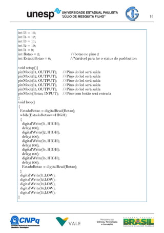 10
int l5 = 13;
int l4 = 12;
int l3 = 11;
int l2 = 10;
int l1 = 9;
int Botao = 2; //botao no pino 2
int EstadoBotao = 0; //Variável para ler o status do pushbutton
void setup(){
pinMode(l1, OUTPUT); //Pino do led será saída
pinMode(l2, OUTPUT); //Pino do led será saída
pinMode(l3, OUTPUT); //Pino do led será saída
pinMode(l4, OUTPUT); //Pino do led será saída
pinMode(l5, OUTPUT); //Pino do led será saída
pinMode(Botao, INPUT); //Pino com botão será entrada
}
void loop()
{
EstadoBotao = digitalRead(Botao);
while(EstadoBotao==HIGH)
{
digitalWrite(l1, HIGH);
delay(100);
digitalWrite(l2, HIGH);
delay(100);
digitalWrite(l3, HIGH);
delay(100);
digitalWrite(l4, HIGH);
delay(100);
digitalWrite(l5, HIGH);
delay(100);
EstadoBotao = digitalRead(Botao);
}
digitalWrite(l1,LOW);
digitalWrite(l2,LOW);
digitalWrite(l3,LOW);
digitalWrite(l4,LOW);
digitalWrite(l5,LOW);
}
 
