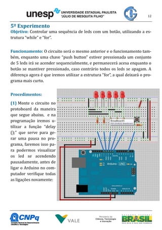 12
5º Experimento
Objetivo: Controlar uma sequência de leds com um botão, utilizando a es-
trutura “while” e “for”.
Funcionamento: O circuito será o mesmo anterior e o funcionamento tam-
bém, enquanto uma chave “push button” estiver pressionada um conjunto
de 5 leds irá se acender sequencialmente, e permanecerá acesa enquanto o
botão se mantiver pressionado, caso contrário todos os leds se apagam. A
diferença agora é que iremos utilizar a estrutura “for”, a qual deixará o pro-
grama mais curto.
Procedimentos:
(1) Monte o circuito no
protoboard da maneira
que segue abaixo, e na
programação iremos u-
tilizar a função “delay
();” que serve para ge-
rar uma pausa no pro-
grama, faremos isso pa-
ra podermos visualizar
os led se acendendo
pausadamente, antes de
ligar o Arduino no com-
putador verifique todas
as ligações novamente:
 