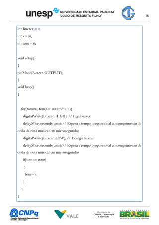 16
int Buzzer = 9;
int x=10;
int tom = 0;
void setup()
{
pinMode(Buzzer, OUTPUT);
}
void loop()
{
for(tom=0; tom<=1000;tom++){
digitalWrite(Buzzer, HIGH); // Liga buzzer
delayMicroseconds(tom); // Espera o tempo proporcional ao comprimento de
onda da nota musical em microsegundos
digitalWrite(Buzzer, LOW); // Desliga buzzer
delayMicroseconds(tom); // Espera o tempo proporcional ao comprimento de
onda da nota musical em microsegundos
if(tom==1000)
{
tom=0;
}
}
}
 
