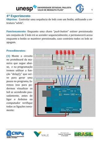 9
4º Experimento
Objetivo: Controlar uma sequência de leds com um botão, utilizando a es-
trutura “while”.
Funcionamento: Enquanto uma chave “push button” estiver pressionada
um conjunto de 5 leds irá se acender sequencialmente, e permanecerá acesa
enquanto o botão se mantiver pressionado, caso contrário todos os leds se
apagam.
Procedimentos:
(1) Monte o circuito
no protoboard da ma-
neira que segue abai-
xo, e na programação
iremos utilizar a fun-
ção “delay();” que ser-
ve para gerar uma
pausa no programa, fa-
remos isso para po-
dermos visualizar os
led se acendendo pau-
sadamente, antes de
ligar o Arduino no
computador verifique
todas as ligações nova-
mente:
 