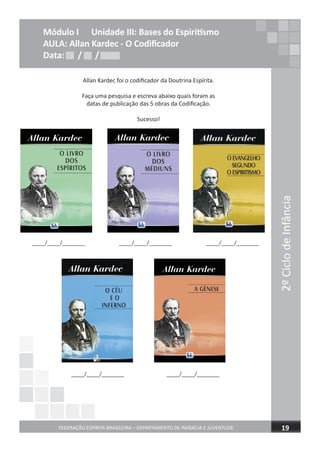 2ºCiclodeInfância
FEDERAÇÃO ESPÍRITA BRASILEIRA – DEPARTAMENTO DE INFÂNCIA E JUVENTUDE 19
Módulo I Unidade III: Bases do Espiritismo
AULA: Allan Kardec - O Codiﬁcador
Data: / /Data: / /Data: / /
Allan Kardec foi o codificador da Doutrina Espírita.
Faça uma pesquisa e escreva abaixo quais foram as
datas de publicação das 5 obras da Codificação.
Sucesso!
____/____/_______ ____/____/_______ ____/____/_______
____/____/_______ ____/____/_______
 
