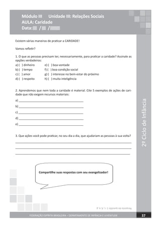 2ºCiclodeInfância
FEDERAÇÃO ESPÍRITA BRASILEIRA – DEPARTAMENTO DE INFÂNCIA E JUVENTUDE 37
Módulo III Unidade III: Relações Sociais
AULA: Caridade
Data: / /Data: / /Data: / /
Existem várias maneiras de praticar a CARIDADE!
Vamos refletir?
1. O que as pessoas precisam ter, necessariamente, para praticar a caridade? Assinale as
opções verdadeiras:
a) ( ) dinheiro e) ( ) boa-vontade
b) ( ) tempo f) ( ) boa condição social
c) ( ) amor g) ( ) interesse no bem-estar do próximo
d) ( ) respeito h) ( ) muita inteligência
2. Aprendemos que nem toda a caridade é material. Cite 5 exemplos de ações de cari-
dade que não exigem recursos materiais:
a) ________________________________________
b) ________________________________________
c) ________________________________________
d) ________________________________________
e) ________________________________________
3. Que ações você pode praticar, no seu dia a dia, que ajudariam as pessoas à sua volta?
_______________________________________________________________________
________________________________________________________________________
_______________________________________________________________________
Compartilhe suas respostas com seu evangelizador!
Respostadaquestão1:c,d,e,g
 