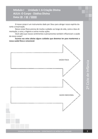 2ºCiclodeInfância
FEDERAÇÃO ESPÍRITA BRASILEIRA – DEPARTAMENTO DE INFÂNCIA E JUVENTUDE 7
O nosso corpo é um instrumento dado por Deus para abrigar nosso espírito du-
rante a encarnação.
Nosso corpo físico precisa de muitos cuidados ao longo da vida, como a boa ali-
mentação, o sono, a higiene e outras muitas ações.
Você sabia que nossos sentimentos e pensamentos também influenciam a saúde
do nosso corpo?
Escreva nas setas abaixo alguns cuidados que devemos ter para mantermos a
nossa saúde física e emocional:
Módulo I Unidade I: A Criação Divina
AULA: O Corpo - Dádiva Divina
Data: / /Data: / /Data: / /
 