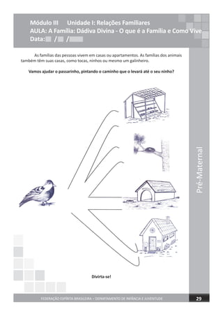 Pré-Maternal
FEDERAÇÃO ESPÍRITA BRASILEIRA – DEPARTAMENTO DE INFÂNCIA E JUVENTUDE 29
As famílias das pessoas vivem em casas ou apartamentos. As famílias dos animais
também têm suas casas, como tocas, ninhos ou mesmo um galinheiro.
Vamos ajudar o passarinho, pintando o caminho que o levará até o seu ninho?
Divirta-se!
Módulo III Unidade I: Relações Familiares
AULA: A Família: Dádiva Divina - O que é a Família e Como Vive
Data: / /Data: / /Data: / /
 