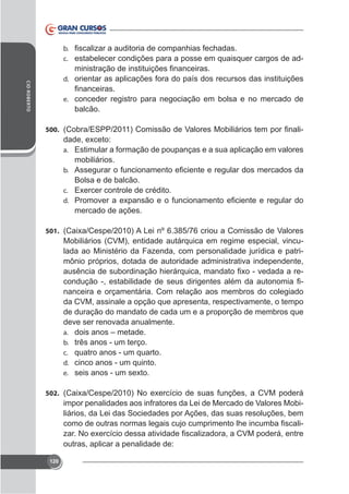 b.
c. estabelecer condições para a posse em quaisquer cargos de adCID ROBERTO

d. orientar as aplicações fora do país dos recursos das instituições
e. conceder registro para negociação em bolsa e no mercado de

balcão.
500.

a. Estimular a formação de poupanças e a sua aplicação em valores

mobiliários.
b.

Bolsa e de balcão.
c.
d.

mercado de ações.
501.

Mobiliários (CVM), entidade autárquica em regime especial, vinculada ao Ministério da Fazenda, com personalidade jurídica e patrimônio próprios, dotada de autoridade administrativa independente,
nanceira e orçamentária. Com relação aos membros do colegiado
da CVM, assinale a opção que apresenta, respectivamente, o tempo
de duração do mandato de cada um e a proporção de membros que
deve ser renovada anualmente.
a. dois anos – metade.
b. três anos - um terço.
c. quatro anos - um quarto.
d. cinco anos - um quinto.
e.
502.

impor penalidades aos infratores da Lei de Mercado de Valores Mobiliários, da Lei das Sociedades por Ações, das suas resoluções, bem
outras, aplicar a penalidade de:
120

 