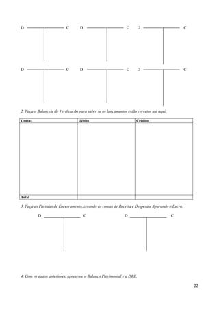 22
D C D C D C
D C D C D C
2. Faça o Balancete de Verificação para saber se os lançamentos estão corretos até aqui:
Contas Débito Crédito
Total
3. Faça as Partidas de Encerramento, zerando as contas de Receita e Despesa e Apurando o Lucro:
D C D C
4. Com os dados anteriores, apresente o Balanço Patrimonial e a DRE.
 
